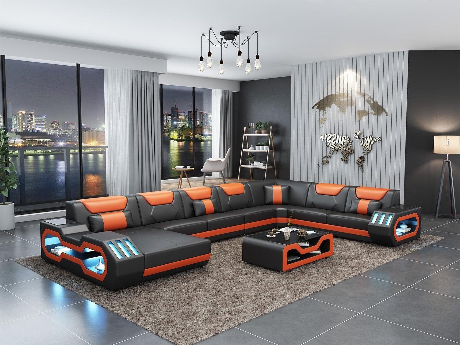 JVmoebel Wohnzimmer-Set, Ecksofa U-Form Couchtisch Couch Design Grau Polster Leder Modern Schwarz/Orange