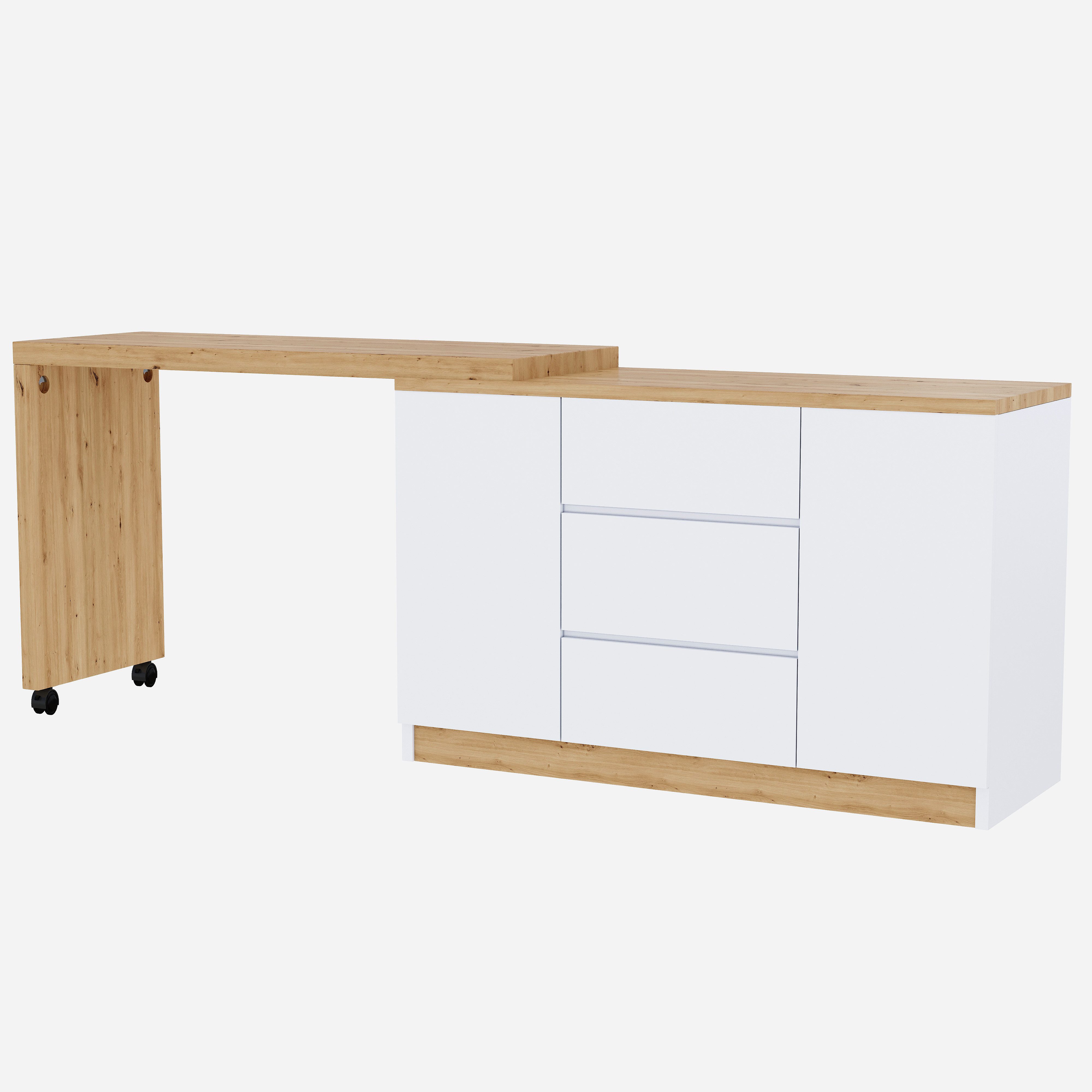 Celya Schreibtisch Eckschreibtisch mit feststellbaren Rollen, multifunktionales Design (weiß/Eiche, Faltbarer Schreibtisch, Sideboard,Dicke Materialie), 4 cm di – Bild 5 von 5