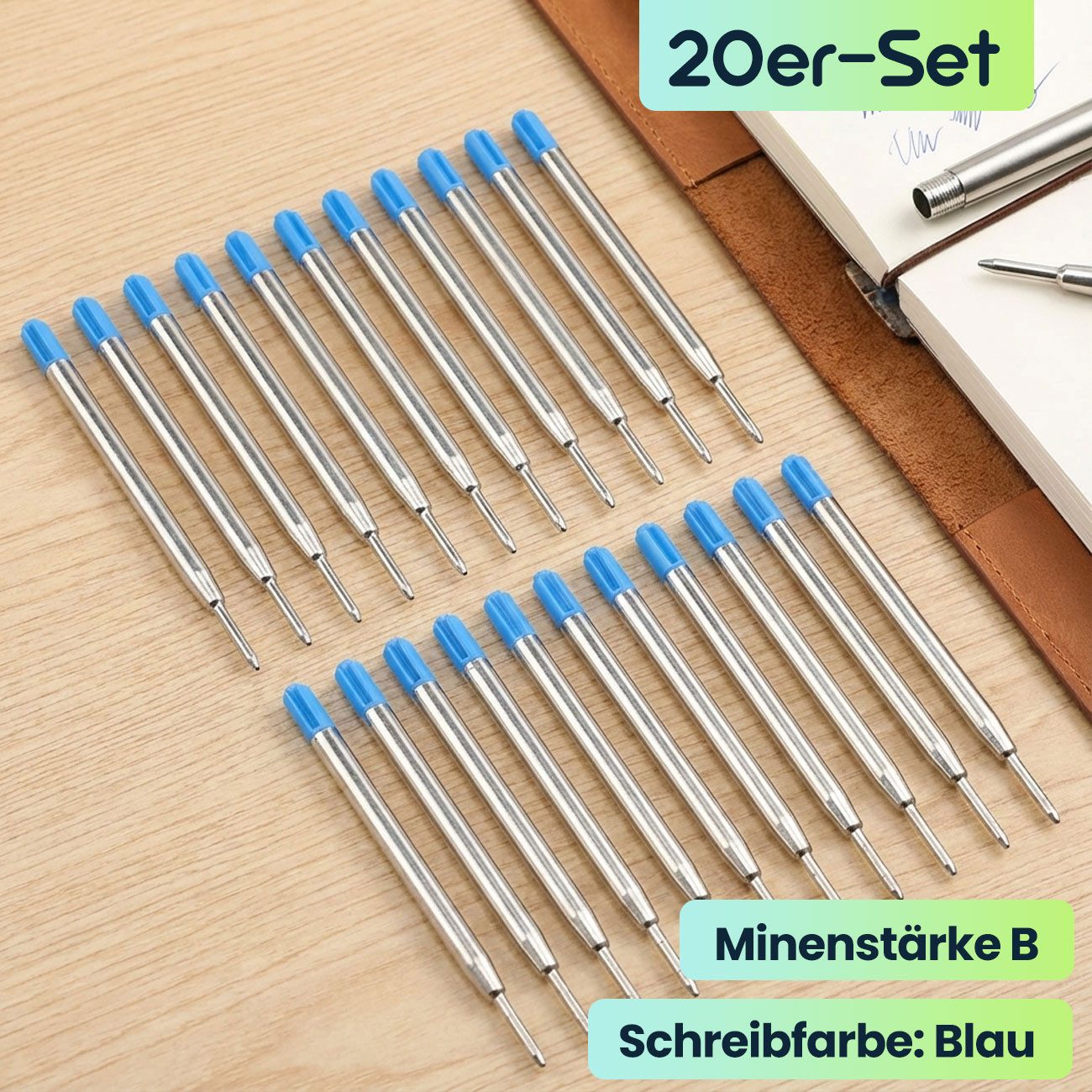 shop'n smile ideoon Kugelschreibermine Kugelschreiber-Minen 10/20er Set Blau Ersatzminen Stärke B universal, Gleichmäßiger Tintenfluss/universelle Ersatzminen/Minenstärke B