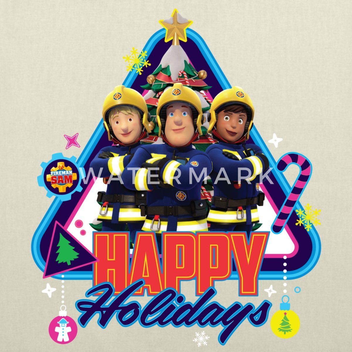 Spreadshirt Henkeltasche Feuerwehrmann Sam™ Happy Holidays From The Team Stoffbeutel (1-tlg)