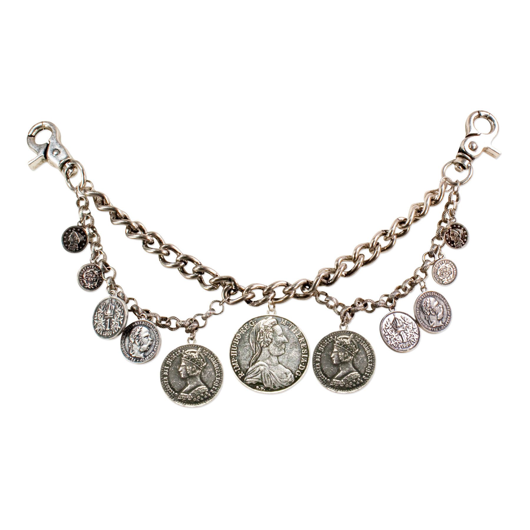 Alpenflüstern Kette mit Anhänger Trachten-Charivari Münzen (antik-silber-farben), - Hochwertiger Herren-Trachtenschmuck mit Münz-Anhängern für die Leder