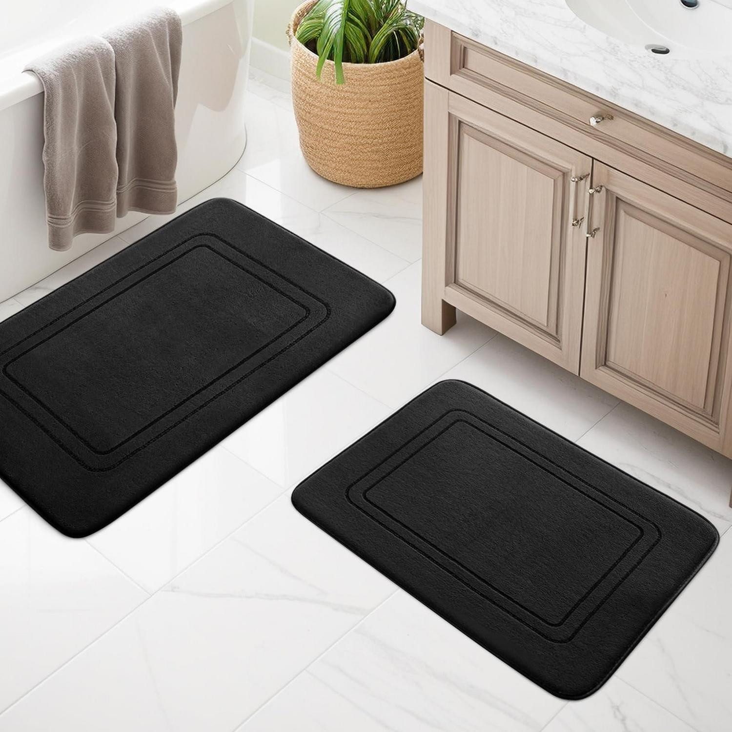 LuxusKollektion Schaum-Badematte Badezimmerteppich Set 2-teilig Memory-Schaum Schwarz, Höhe 15 mm, rutschhemmend beschichtet, Memory Schaum, Textil, rechteckig