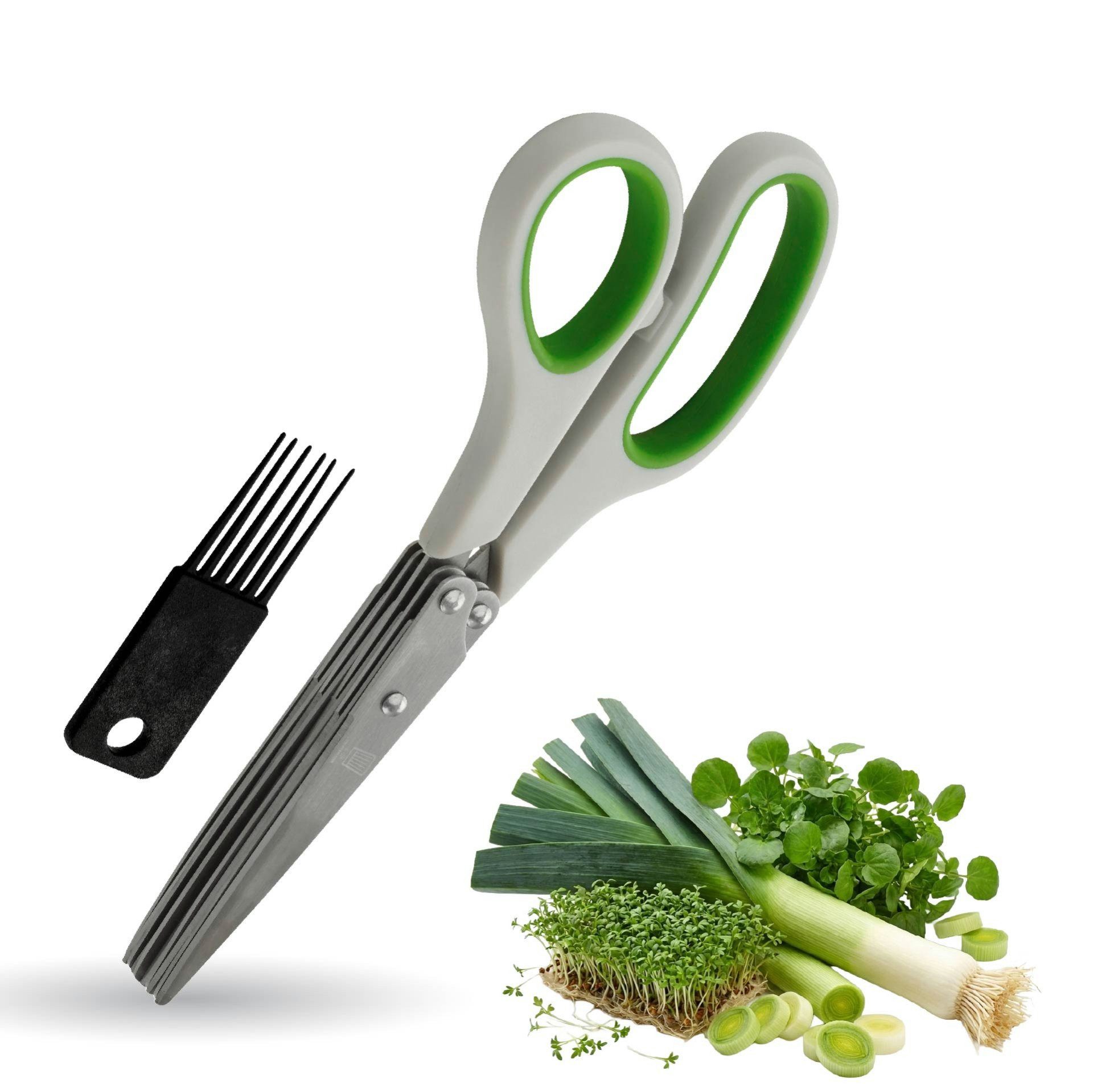 Chefkoch trifft Fackelmann Kräuterschere Kräuterschere 190mm mit 10 scharfen Edelstahlklingen – Inkl. Bürste