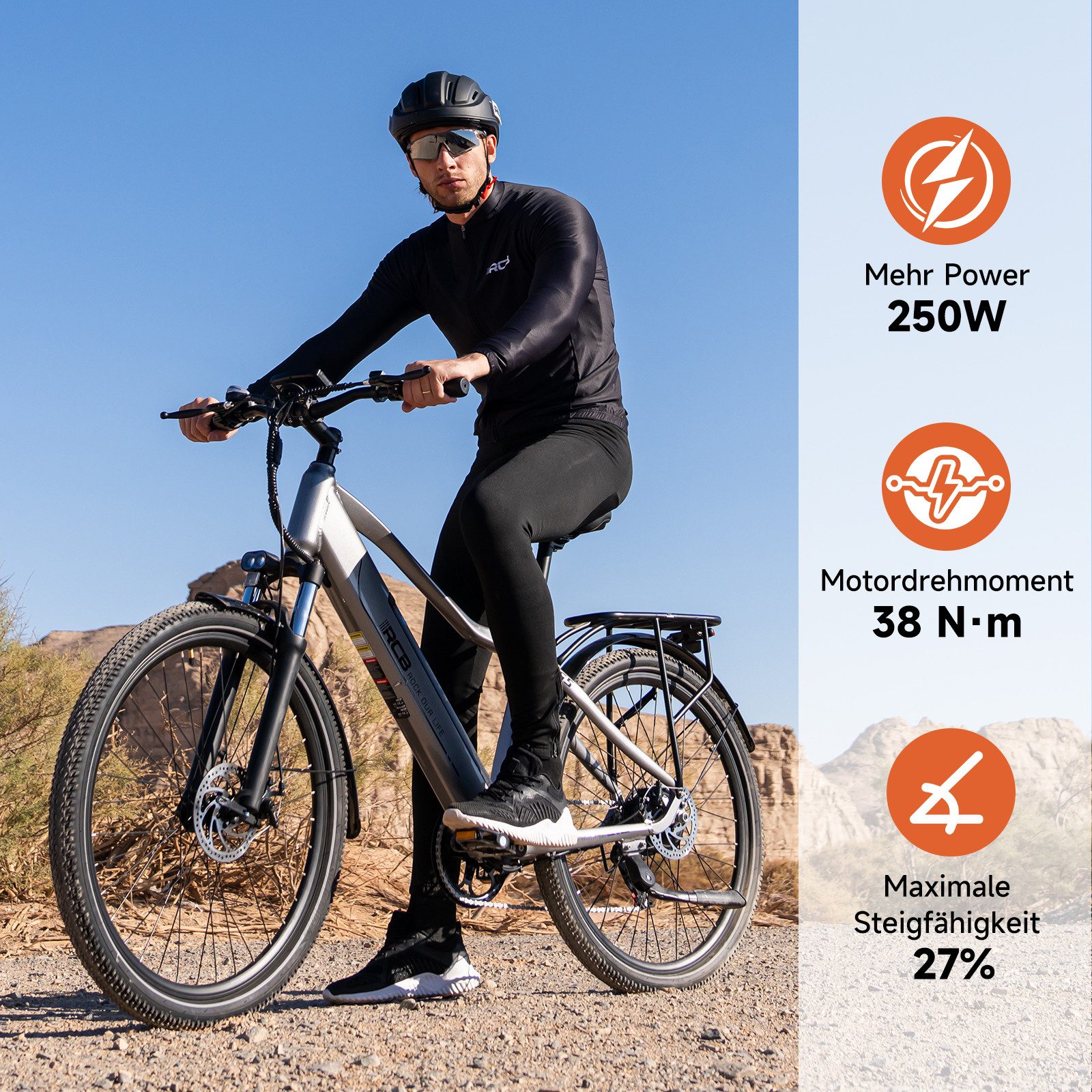 RCB E-Bike Pedelec G5 für Stadt und Gelände,27,5Zoll Herren Elektrofahrrad,13Ah,60-100 km, 7 Gang, Kettenschaltung, Heckmotor, 468 Wh, APP&NFC,ebike Herren,Gepäckträger hinten,max. Geschwindigkeit: 25 km/h