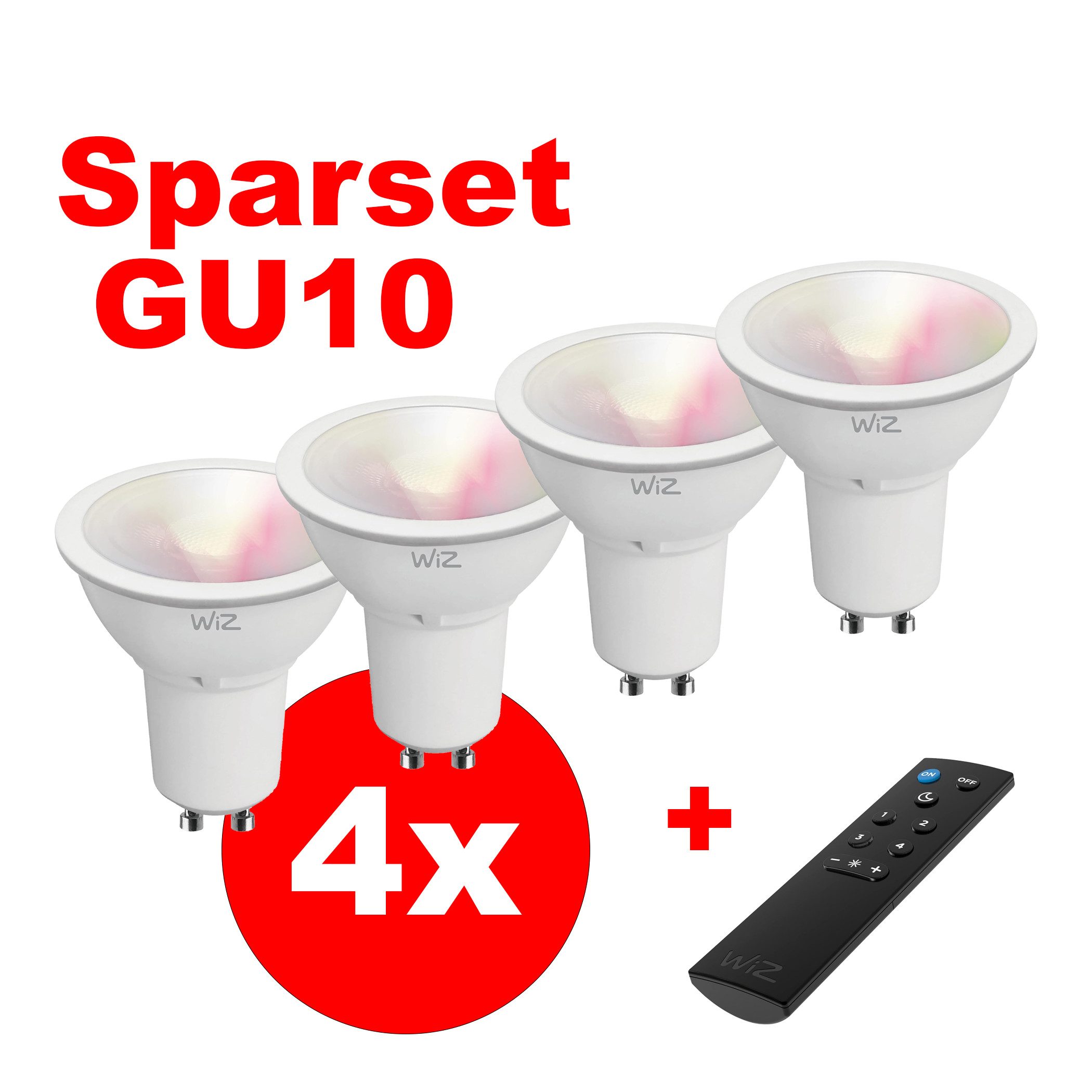 REV LED-Leuchtmittel WiZ, GU10, 5,5W, 2.200 - 6.500K, WLAN, App-Steuerung, Alexa & Google-Assistant, 4er Set + Fernbedienung