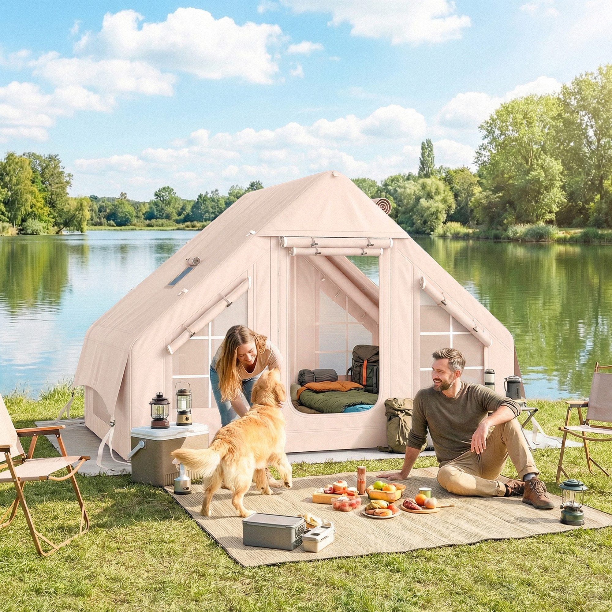 Outsunny aufblasbares Zelt mit Luftpumpe, Kaminöffnung, Dachfenster, kratzfest Bodenplane, Personen: 8 (Outdoor Luftzelt, 1 tlg., Air Glamping Zelte), aus Oxfordstoff