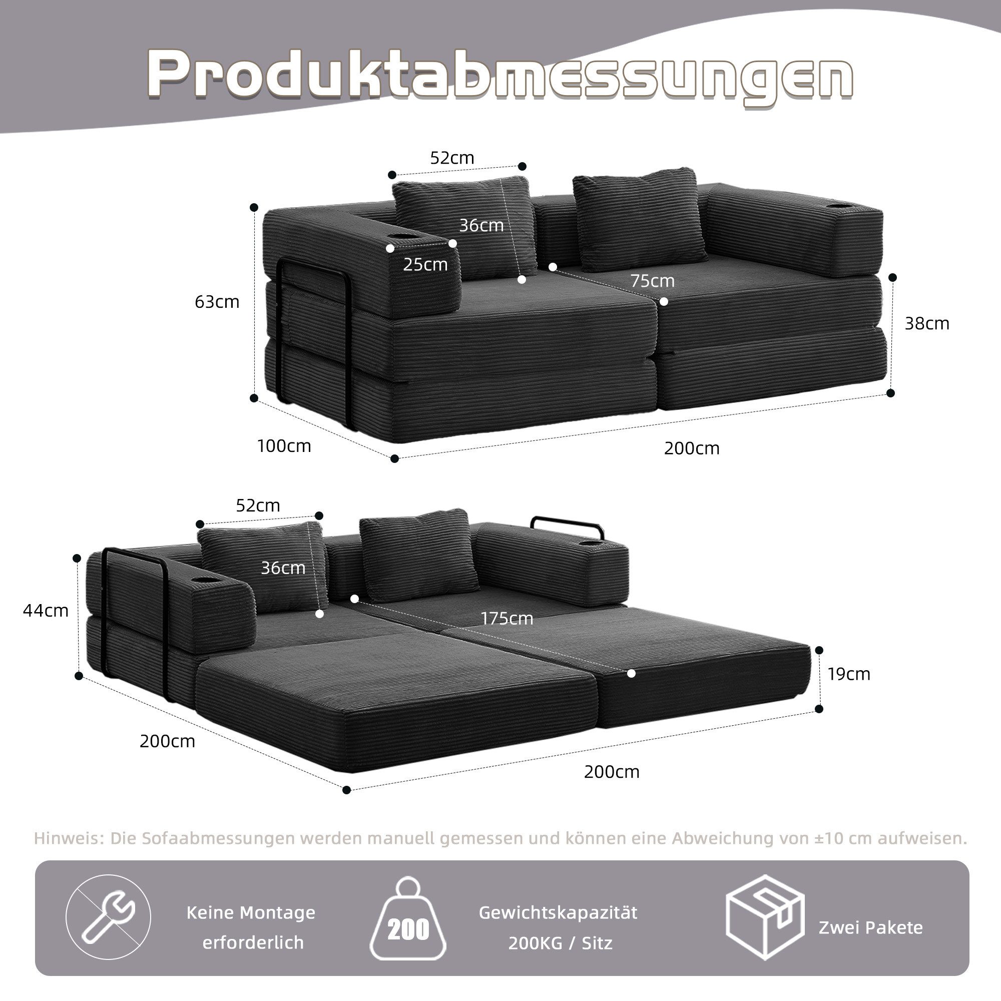 Leawin Sofa Modulares Schlafsofa aus Chenille mit Bettfunktion-Sofas Wohnzimmer, Flexibles Sofa & Bett für Wohnzimmer, Wohnung oder Gästezimmer