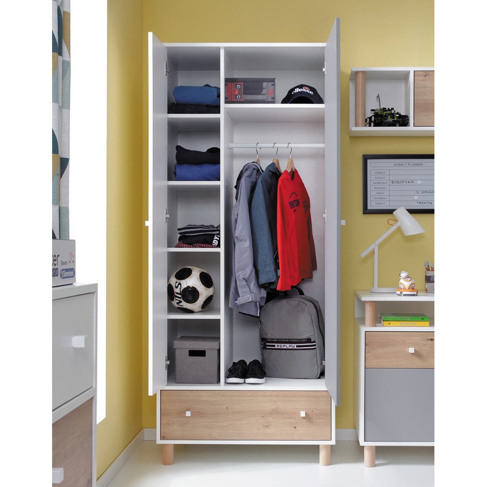 Lomadox Kleiderschrank FAIRFAX-133 80cm breit, in weiß mit Eiche und grau günstig online kaufen