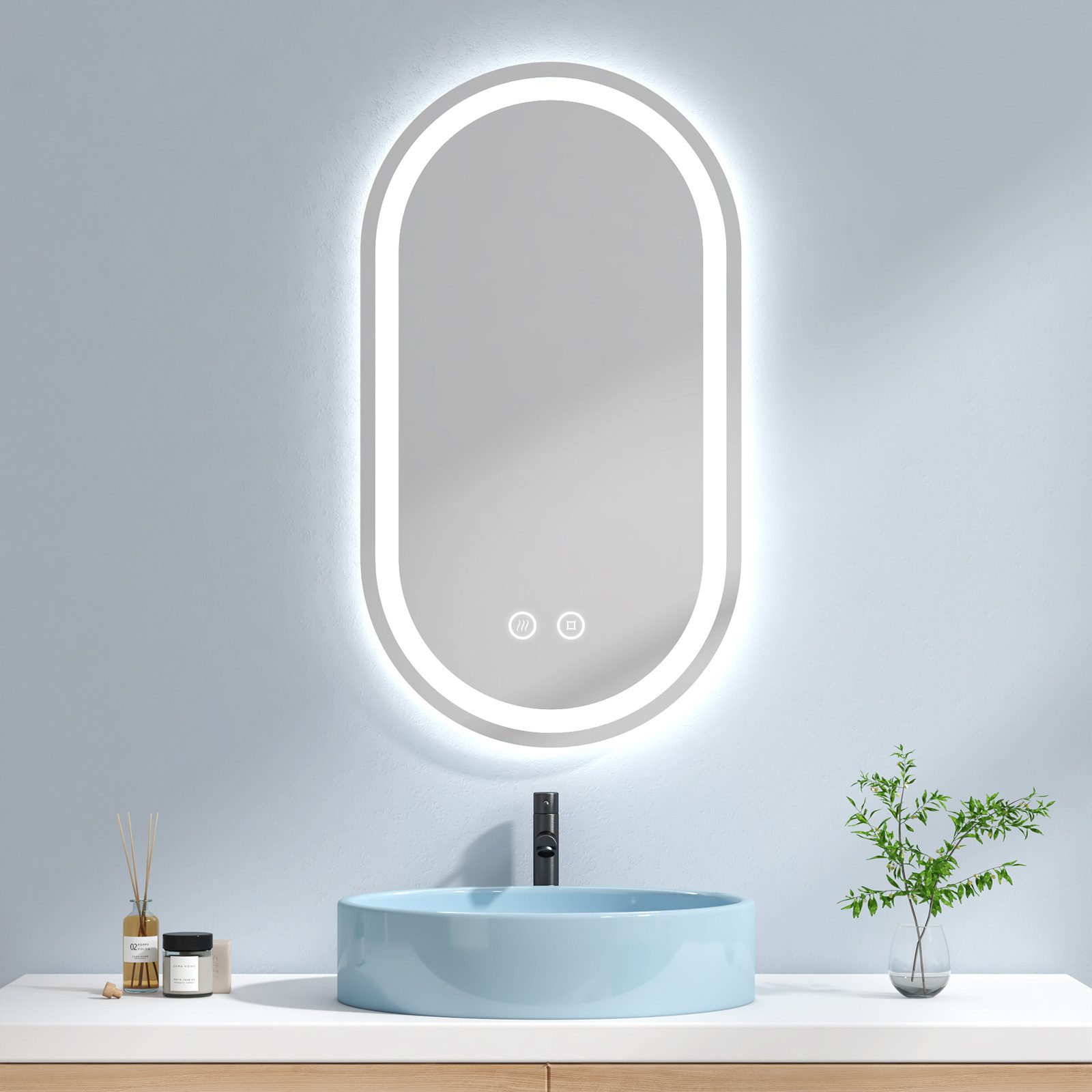 EMKE Badspiegel mit Beleuchtung Oval Badezimmerspiegel Wandspiegel (50×90cm, Touch Schalter), 3000/4000/6500K Anti-Beschlag Horizontal Vertikal Montage DImmbar IP44