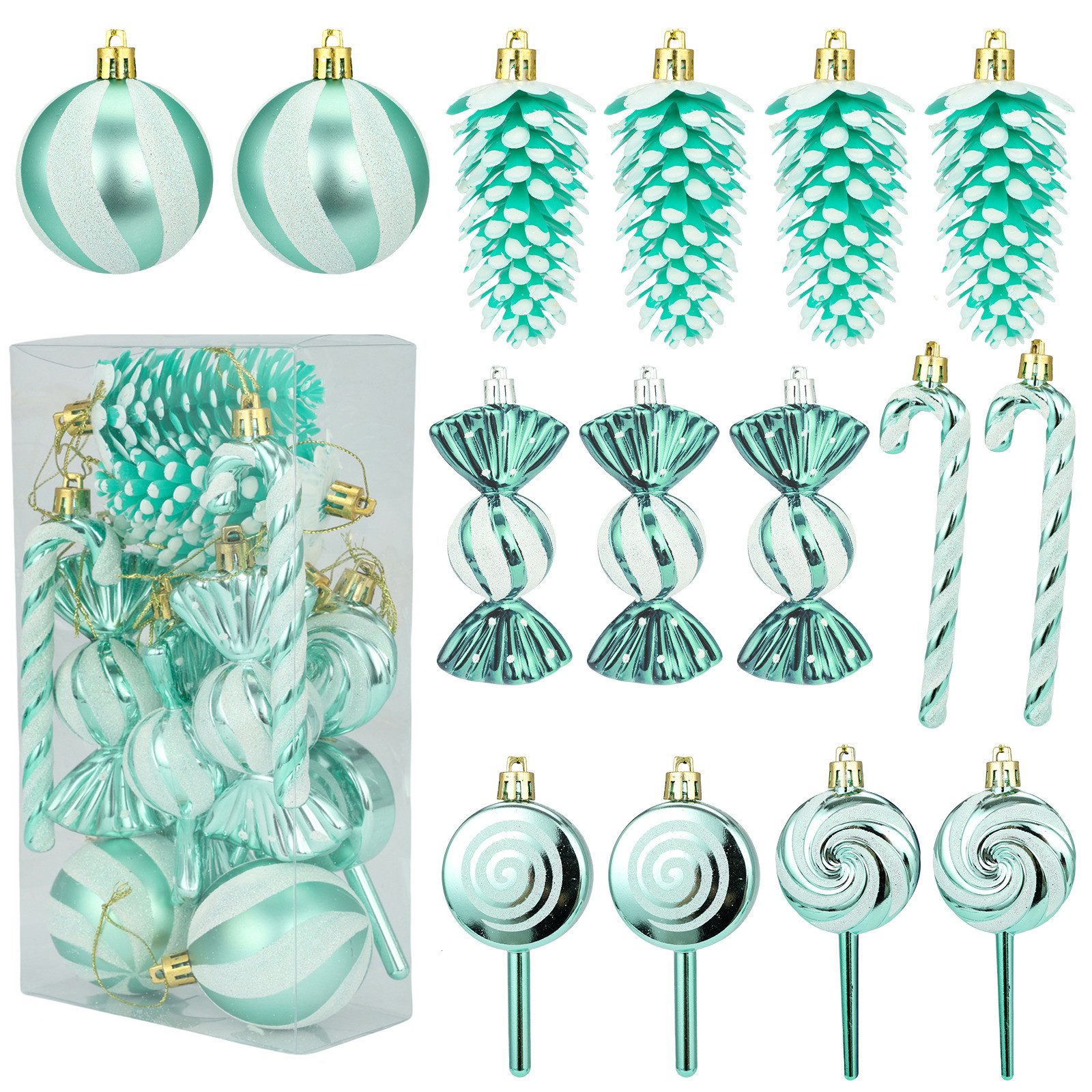 Coonoor Weihnachtsbaumkugel 15-teiliges Weihnachtskugel-Set, Christbaumanhänger, Zuckerstangen, Tannenzapfen, Lutscher, Weihnachtskugeln