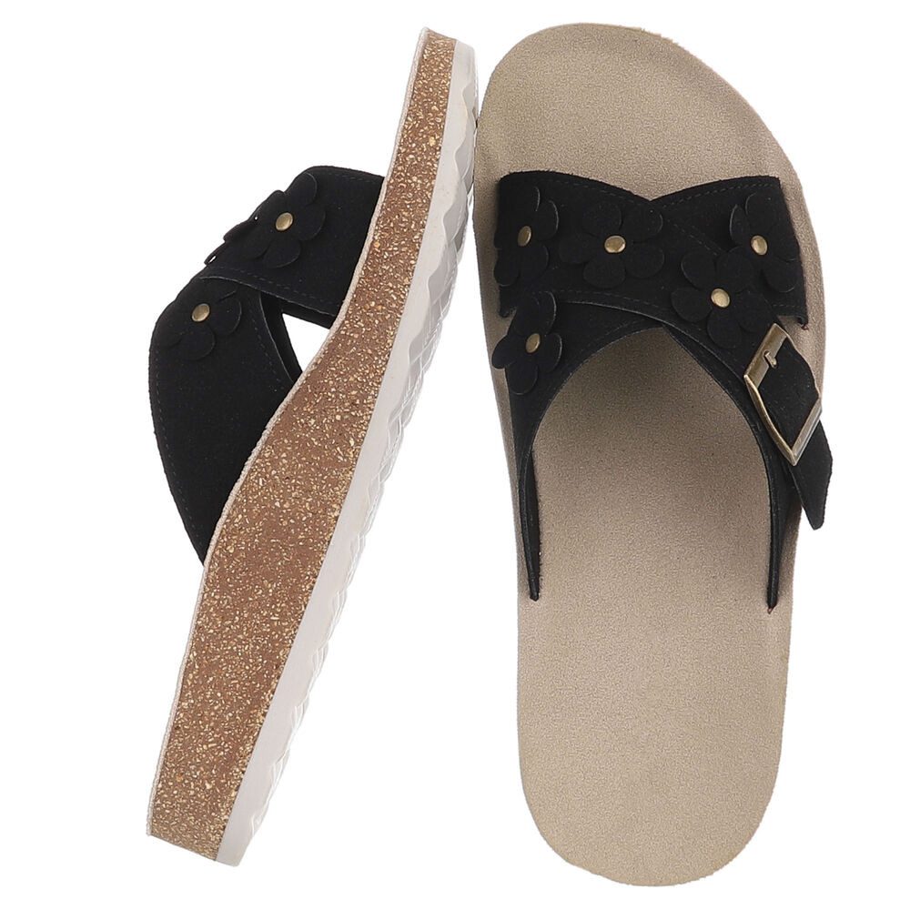 Ital-Design Damen Pantolette mit Blüten-Details und Schnalle Pantolette (92002753) Flach Pantoletten in Schwarz – Bild 2 von 5