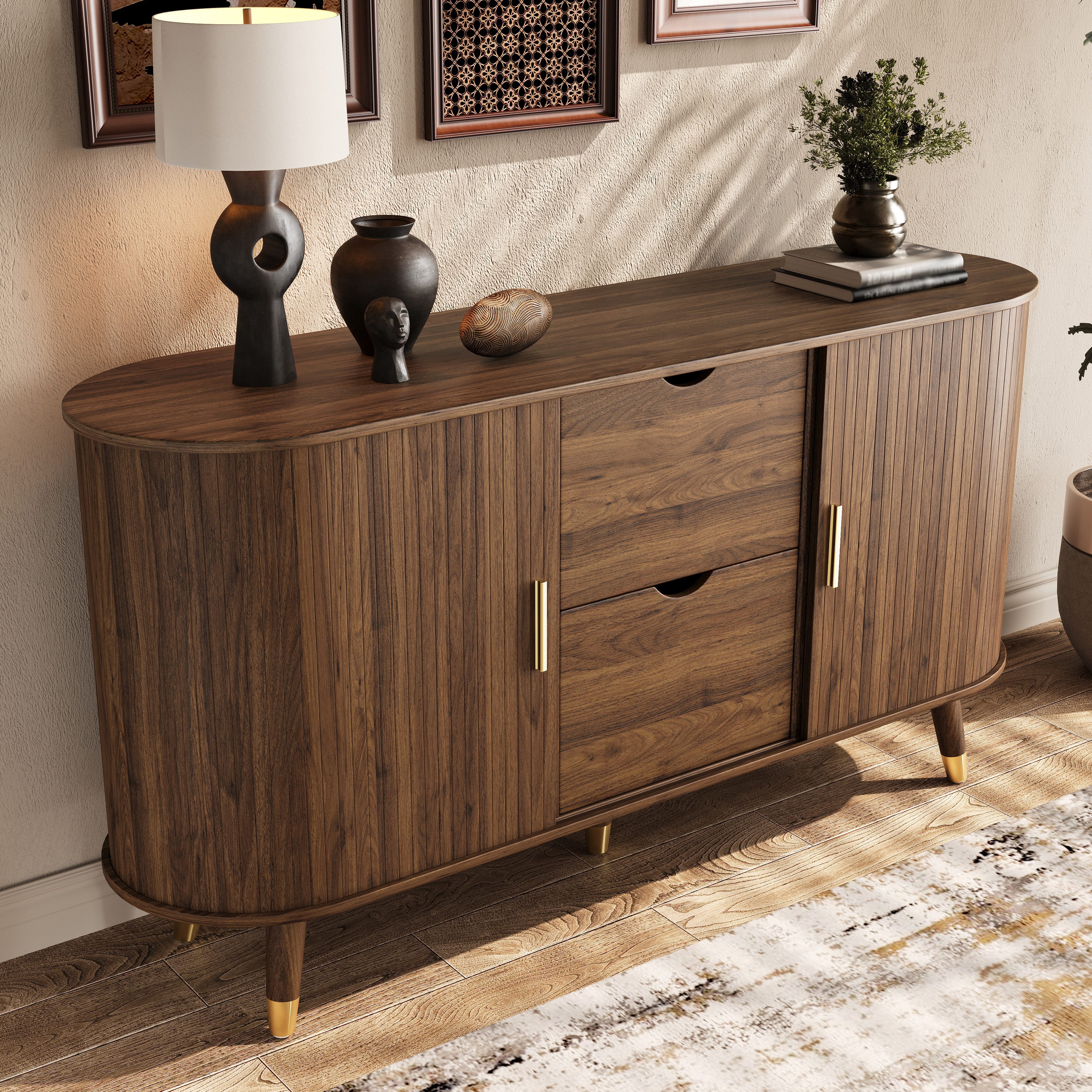REDOM Sideboard 140x79,5x40 cm mit vertikaler Maserung (Packung, 1 St., Abgerundeter Eckschrank fürs Wohnzimmer), Zwei Schiebetüren & Schubladen, Massivholzbeine