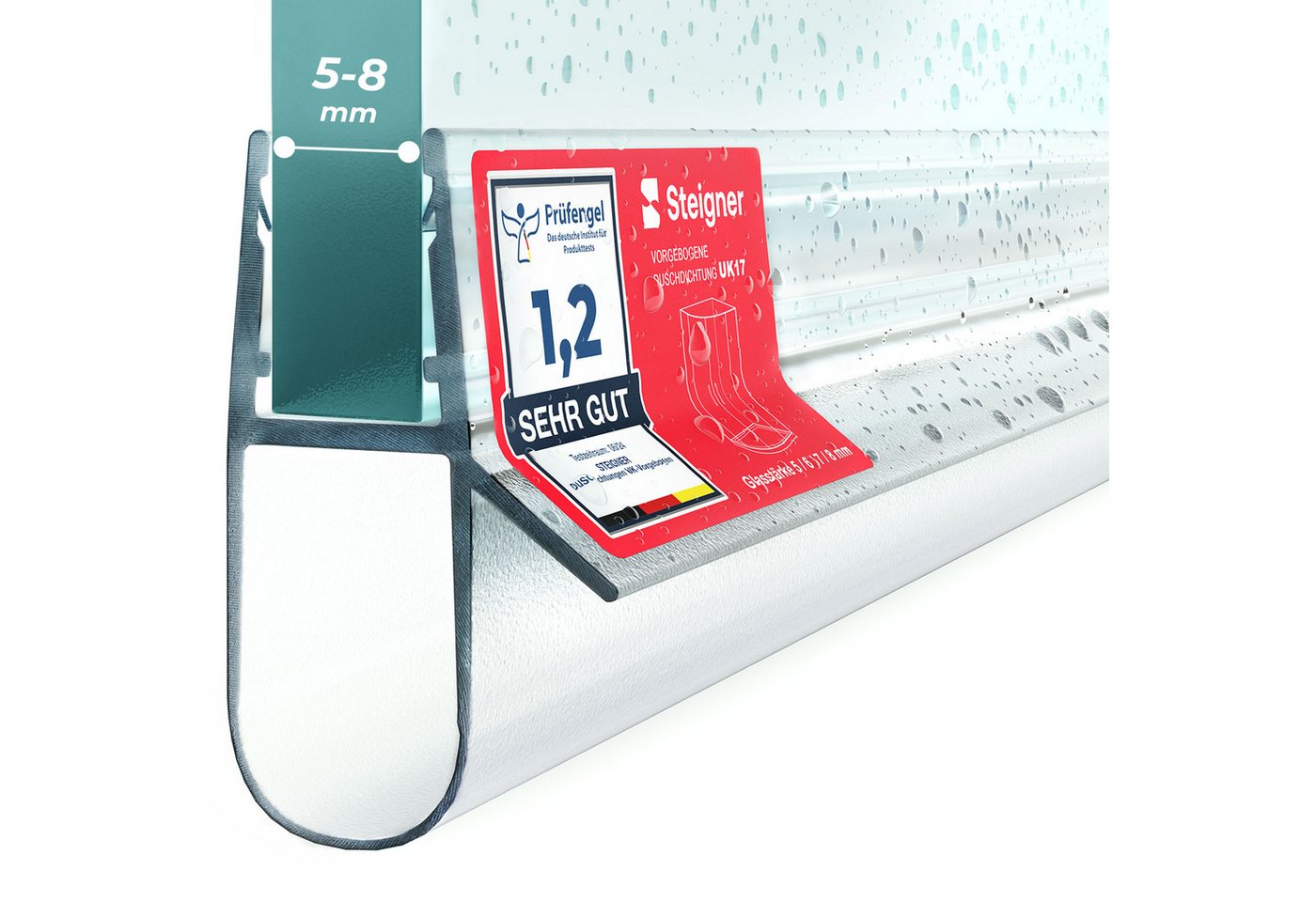 STEIGNER Duschdichtung Duschtürdichtung Gerade UK17 30 cm (1 Stk) Transparent 5-8 mm, L: 30 cm, (1 Stück Packung, Einzeldichtung), Dichtung für Eckeinstieg Dusche oder Fünfeckdusche mit Duschtür