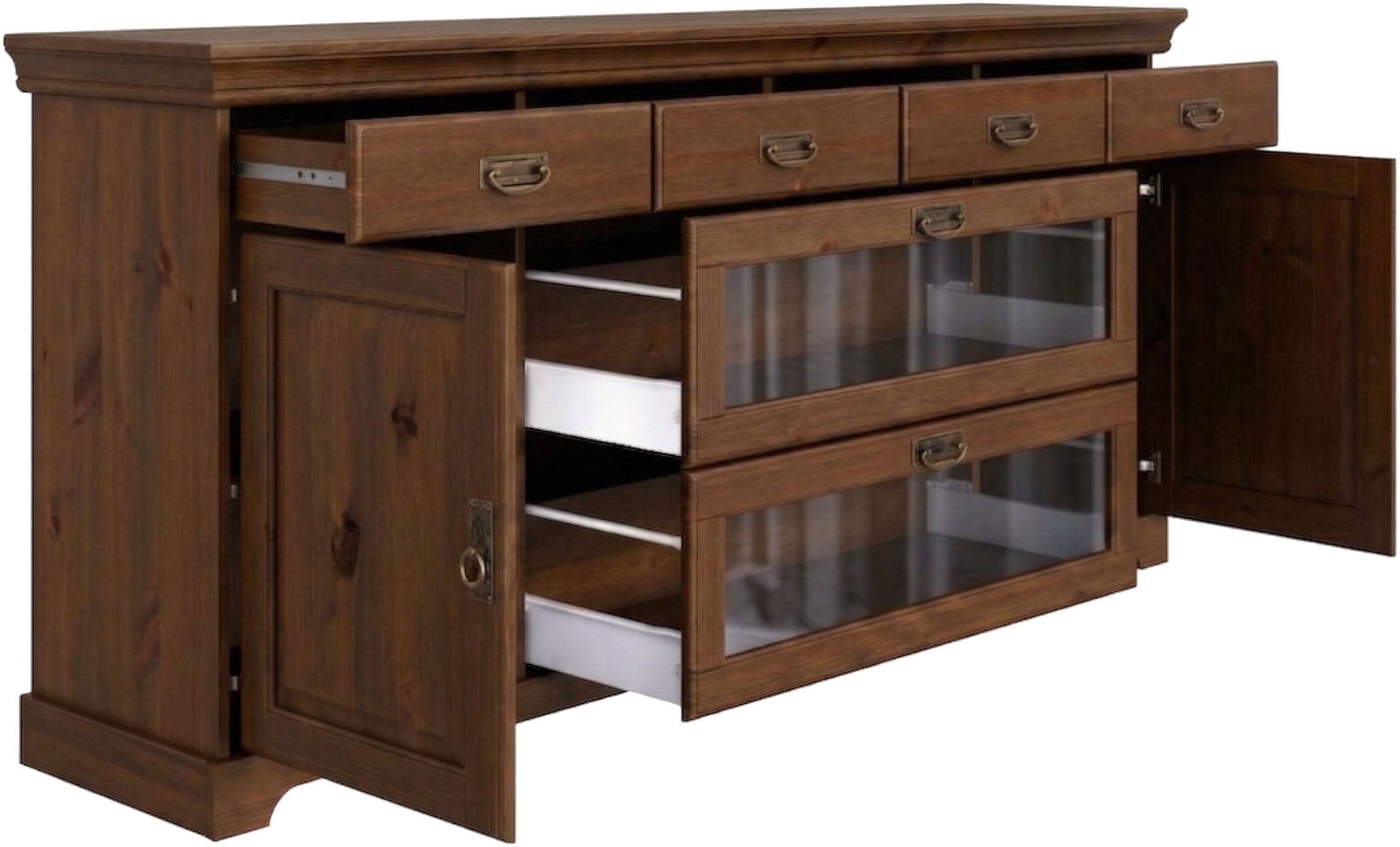 OTTO home Sideboard Rügen Kommode mit 2 Türen, 6 Schubläden mit Metallringgriffe, aus massiver Kiefer, Schubladen mit Glaseinsatz, natürliche Maserung – Bild 4 von 5