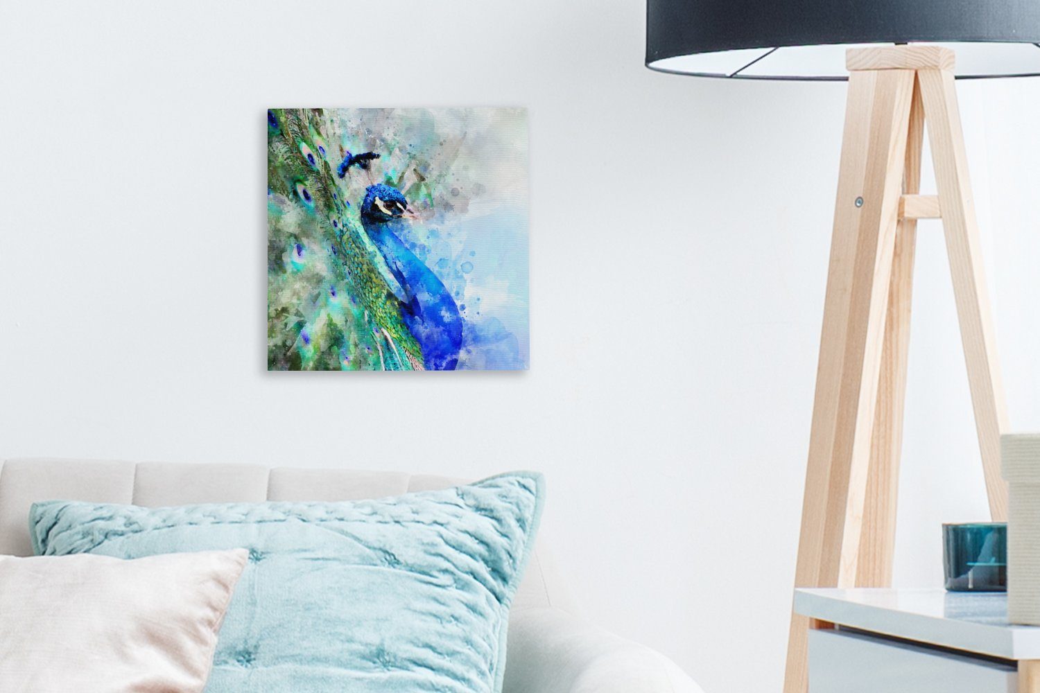 Pfau Bilder - Schlafzimmer Leinwandbild Aquarell - OneMillionCanvasses® Wohnzimmer St), Blau, für (1 Leinwand