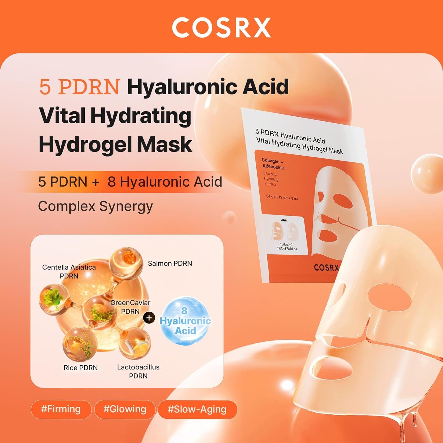 Cosrx Gesichtsmaske 5 PDRN Hyaluronic Acid Vital Hydrating Hydrogel Mask – Set mit 3 Gesichtsmasken à 34 g – intensive Feuchtigkeit & Pflege für trockene, fahle oder reife Haut – mit Niacinamid, Kollagen & Panthenol