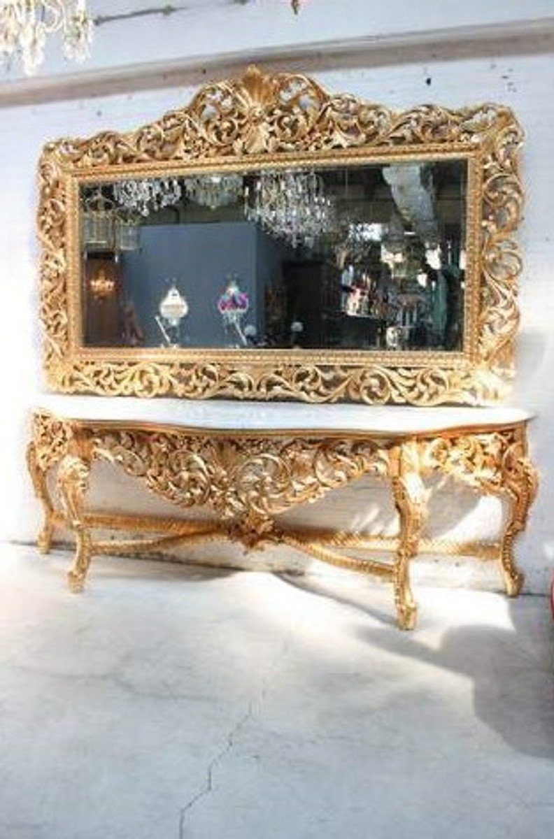 Casa Padrino Barockspiegel Riesige mit Barock - Möbel Konsole Luxus weißer Spiegelkonsole Wohnzimmer Gold mit Marmorplatte Spiegel