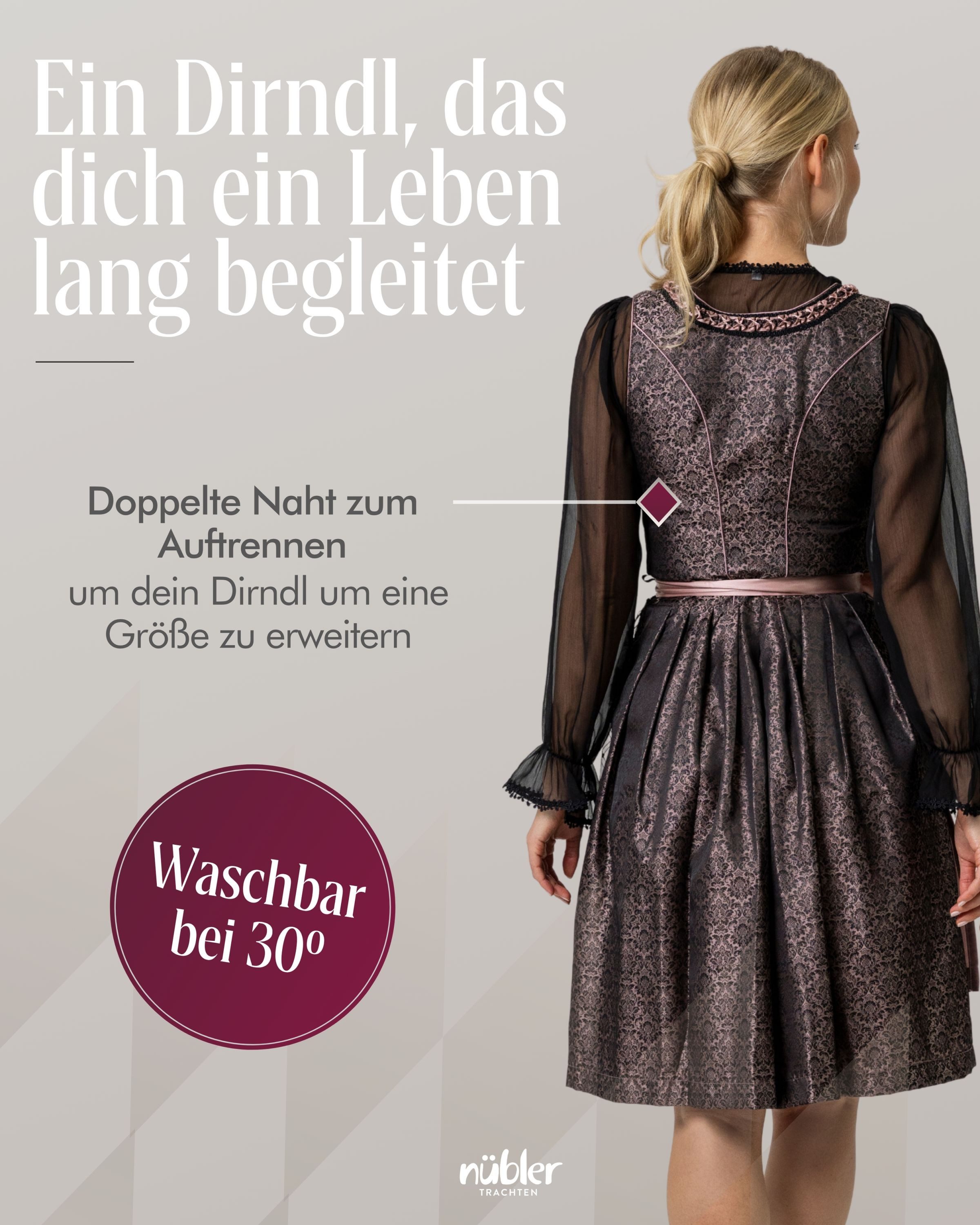 Nübler Trachtenkleid Dirndl midi Selina in Schwarz von Nübler - Rocklänge 60 cm