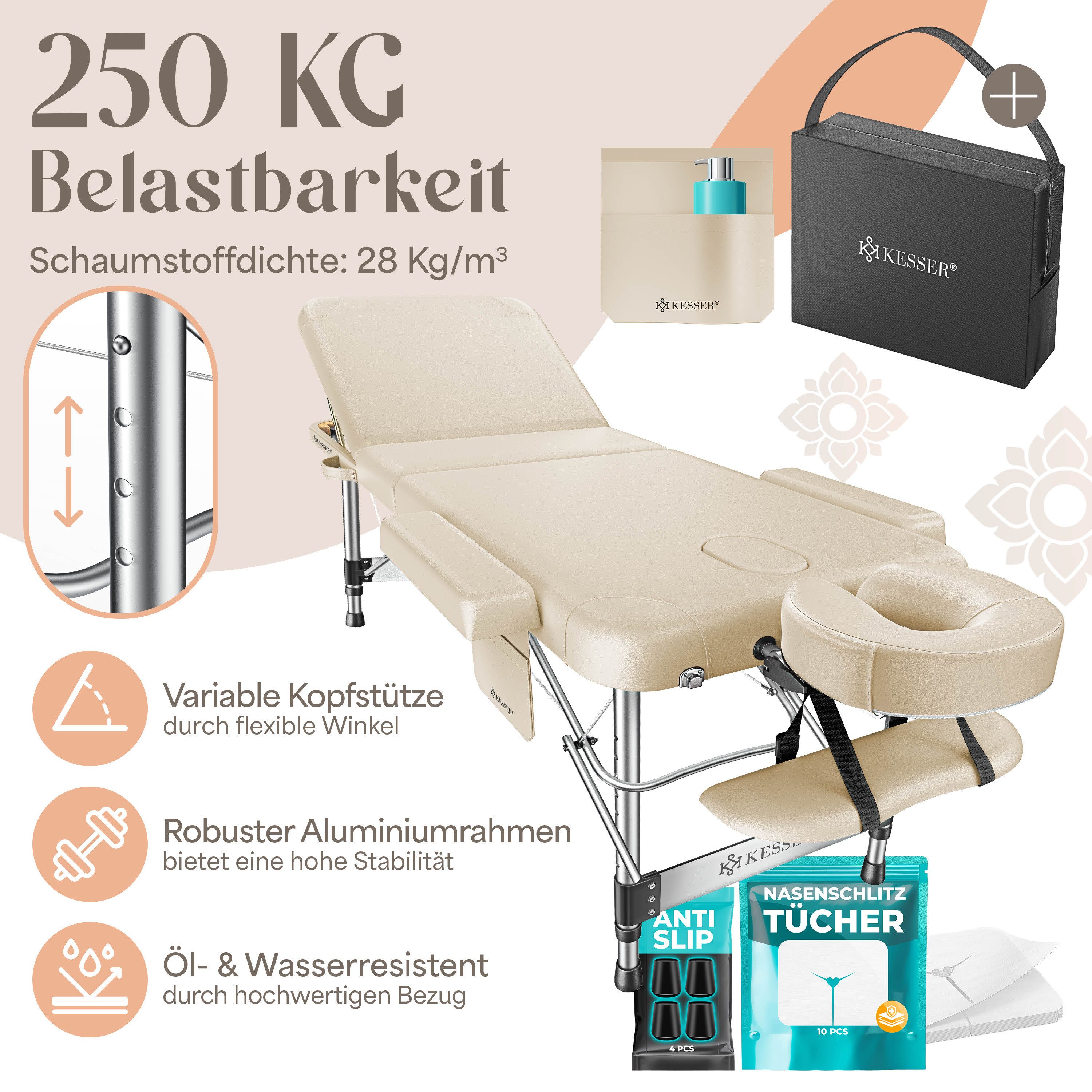 KESSER Massageliege, 3 Zonen Kosmetikliege klappbar & höhenverstellbar mobile Massagebett