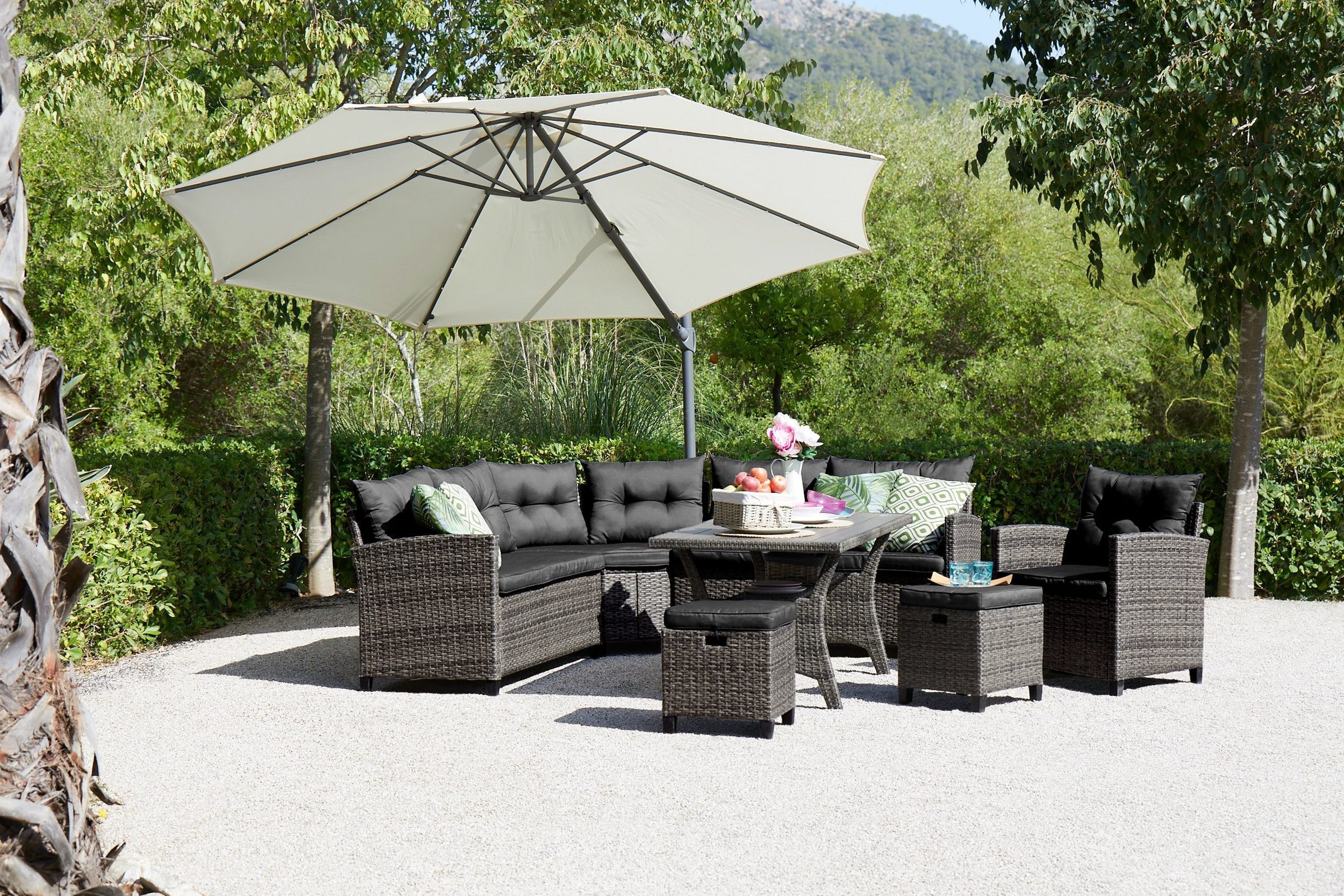 anthrazit, KONIFERA (20-tlg), Premium, 2 Hocker, Tisch, Keros Sessel, Ecklounge, braun, Polyrattan Gartenlounge-Set | braun/grau grau