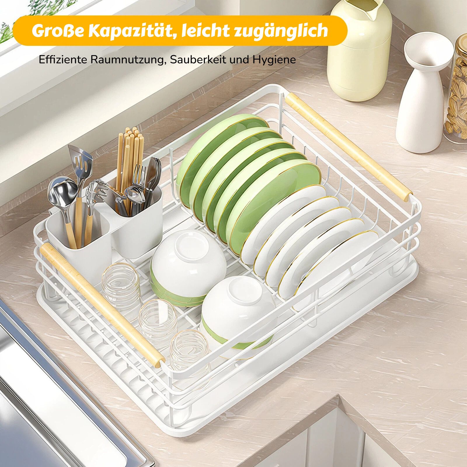 BlingBin Geschirrständer Geschirr Abtropfgestell mit Auffangschale, 43 × 30,5 × 14 cm, Rostfrei Spülkorb mit Holzgriff für Teller, Töpfe & Besteck, Weiß