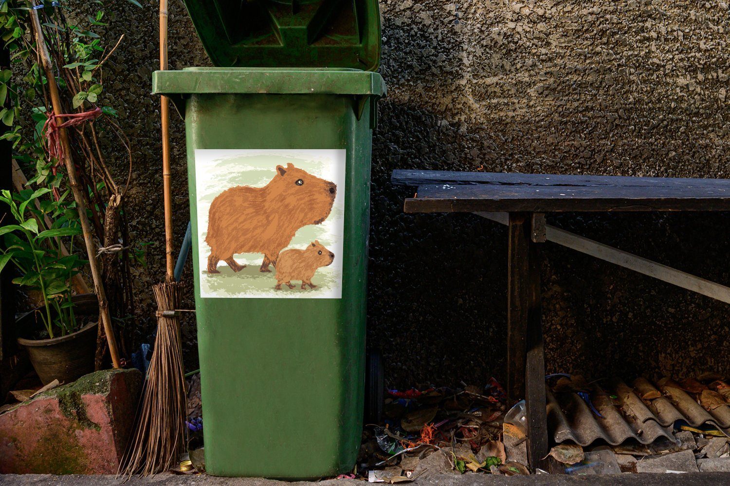 gezeichneten Mülleimer-aufkleber, Sticker, (1 Container, zwei St), Abfalbehälter Mülltonne, von Illustration MuchoWow Wasserschweinen Wandsticker