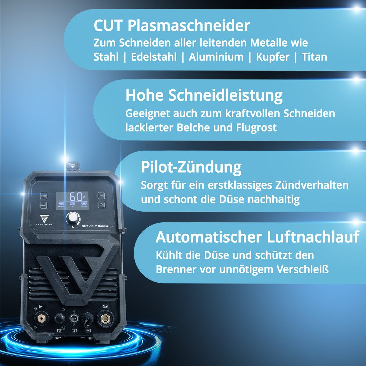 STAHLWERK Plasmaschneidegerät Plasmaschneider CUT 60 P Digital mit 60 A und Schneidleistung bis 20mm, 20 - 60 A, Packung, 1-tlg., Vollausstattung, bis 24 mm Schneidleistung