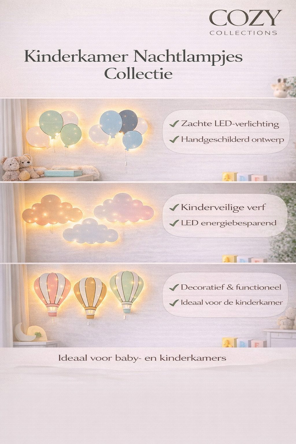 COZYCOLLECTIONS LED Wandleuchte LED-Wandnachtlicht „Beige Heißluftballoon“ in Holzoptik, LED, Warmweiß, handbemalt, inkl. Heißluftballons (Beige) (ohne Rosa und Grün)