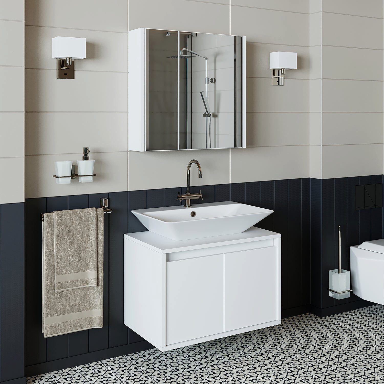 Roomart Badmöbel-Set Badmöbel-Set ATLANTIC 65cm – Unterschrank, Waschbecken & Spiegel, (Roomart Badezimmer Möbel Set ATLANTIC in 4 Farben 65 cm Badmöbel)