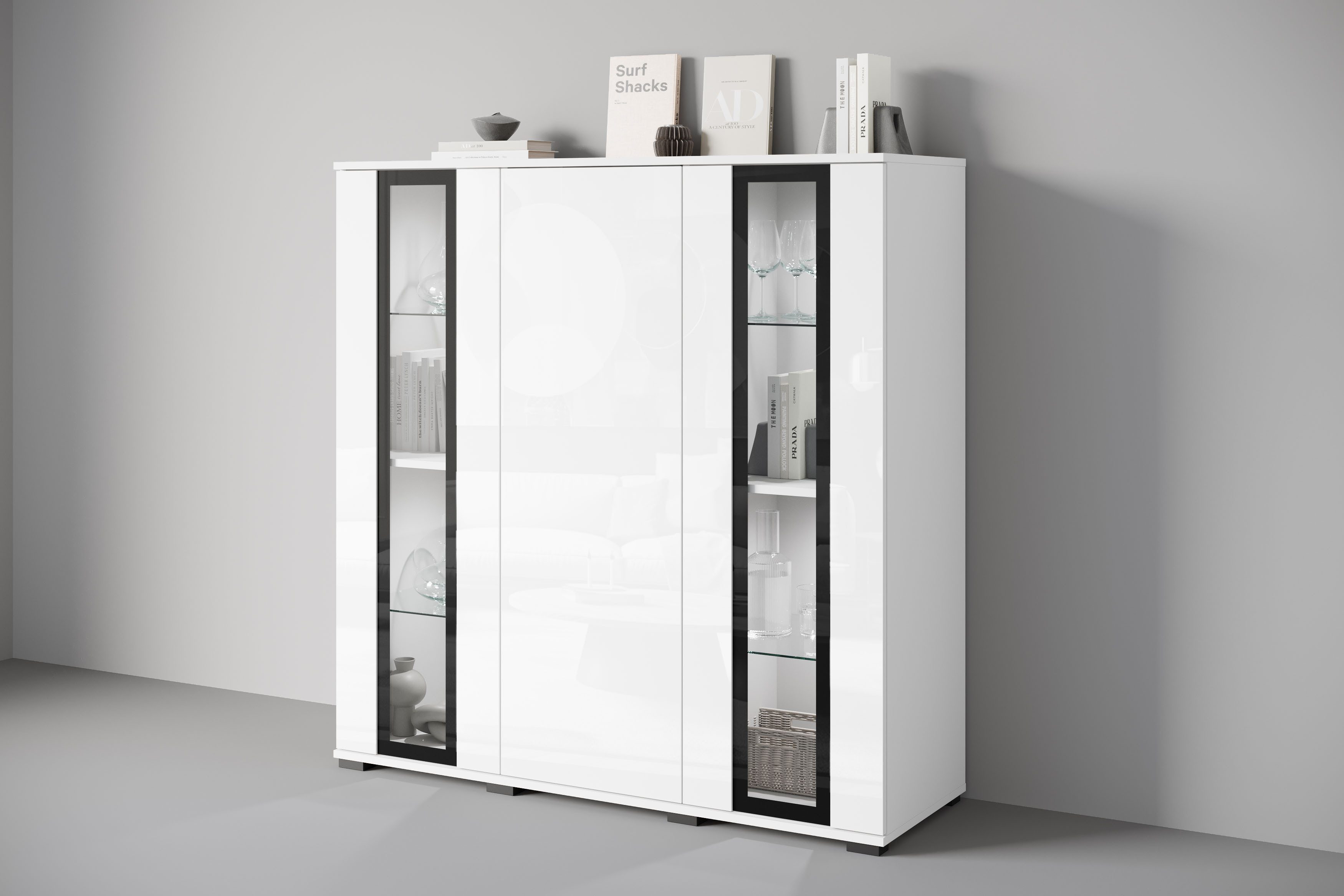 INOSIGN Highboard Caro, modernes Design mit Glaseinsätzen, Breite 120 cm (1 St), grifflose Fronten mit Push-to-Open, höhenverstellbare Einlegeböden