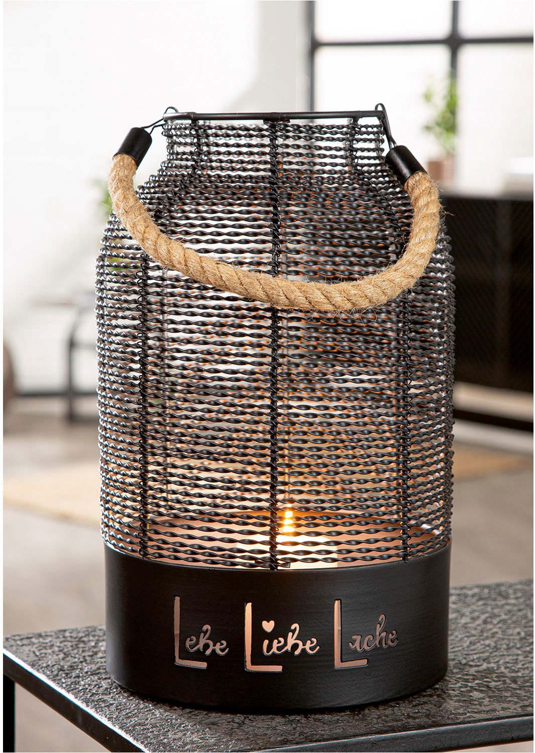 GILDE Windlicht Windlicht rund Lebe, Liebe, Lache schwarz H. 33 cm (1 St)