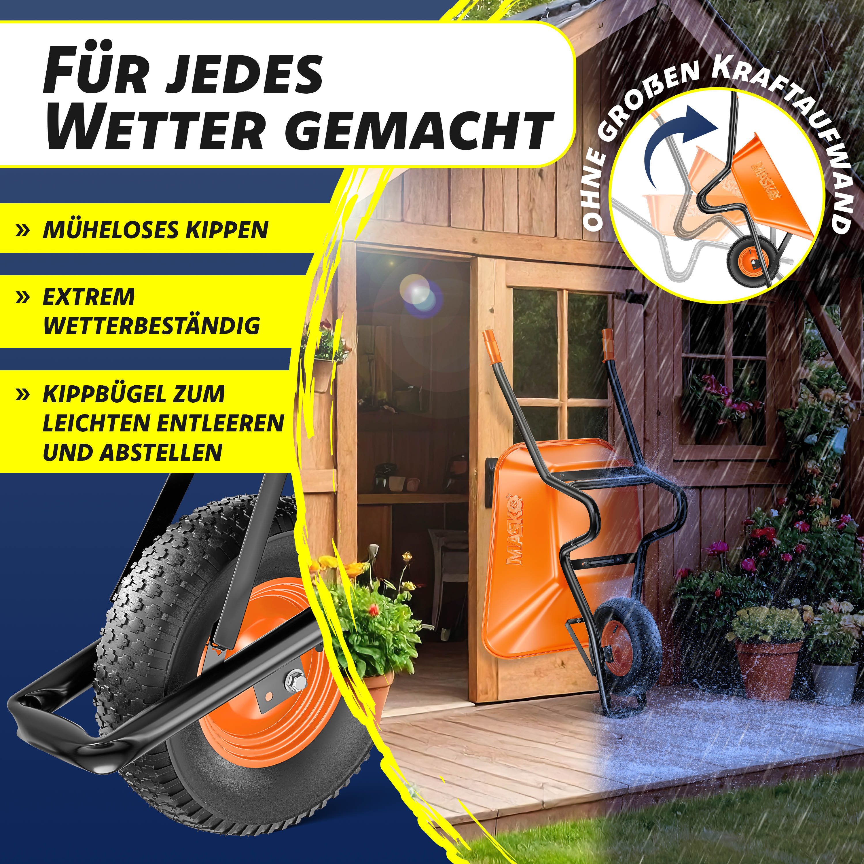 MASKO Schubkarre Bau- und Gartenschubkarre 100 Liter, mit Luftreifen und Stahlfelgen sowie einen Ersatzschlauch – Bild 5 von 5