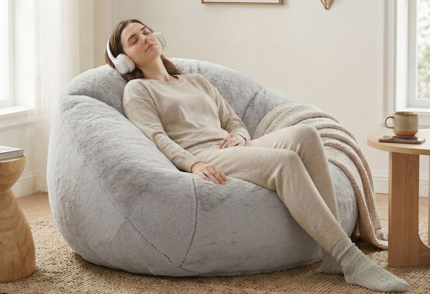 LVHOM Sitzsack 100x90x57cm Kunstfell, Einzelsofa,Blütenblatt-/Muscheldesign,flauschig (Komfortable Memory-Schaum-Füllung, ergonomisches Design, rutschfeste Unterseite, Belastbarkeit bis 150 kg, kein Aufbau erforderlich,auch als Dekoration), ideal für Wohnzimmer/Lounges/Arbeitszimmer/Schlafzimmer/ Homeoffices