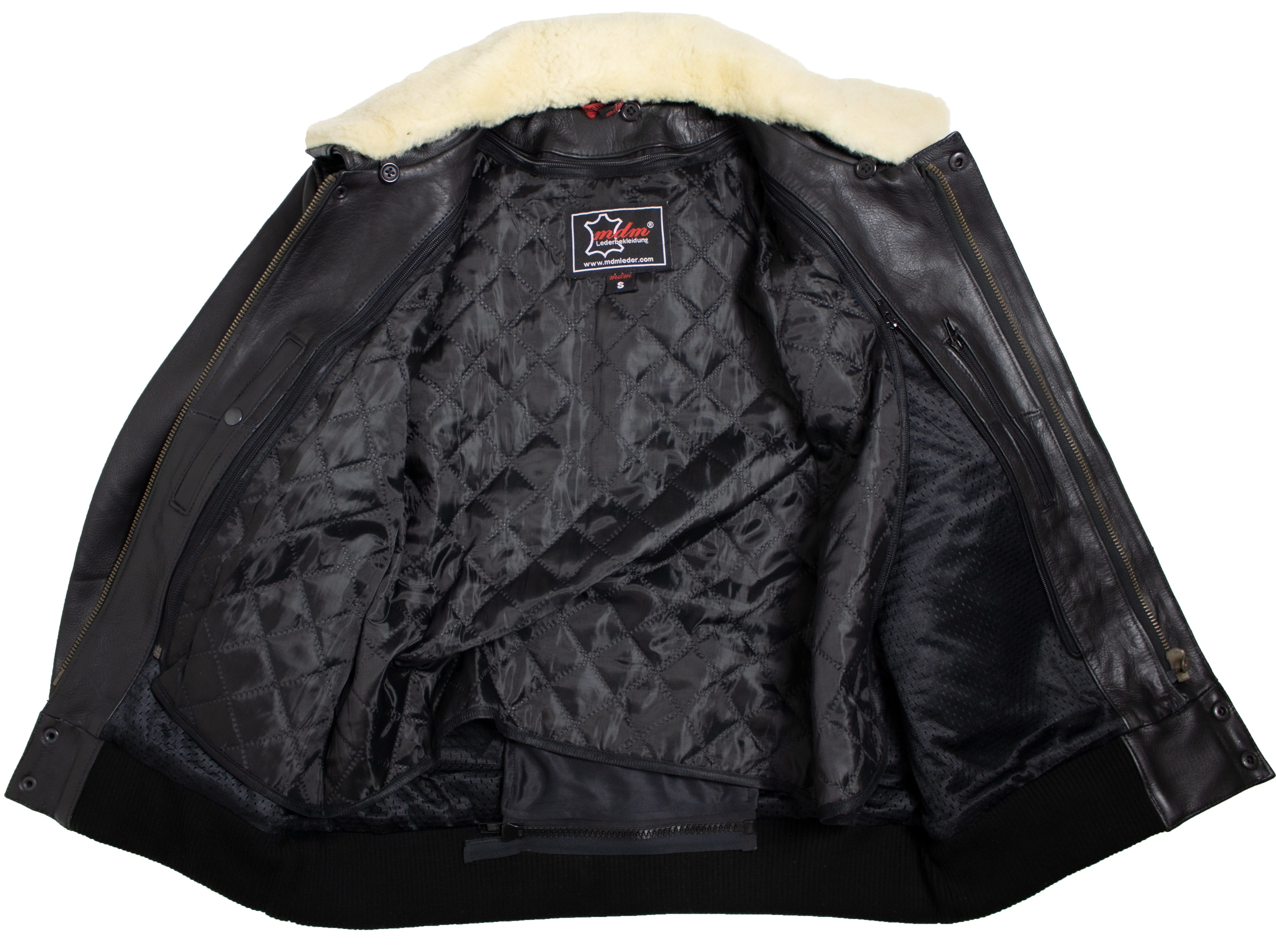 MDM Lederjacke Herren Lederjacke Fliegerjacke echtes Leder schwarz (Flieger Motorrad Lederjacke, Bomber Leder Jacke) mit herausnehmbaren Protektoren, Echtes Fell am Kragen