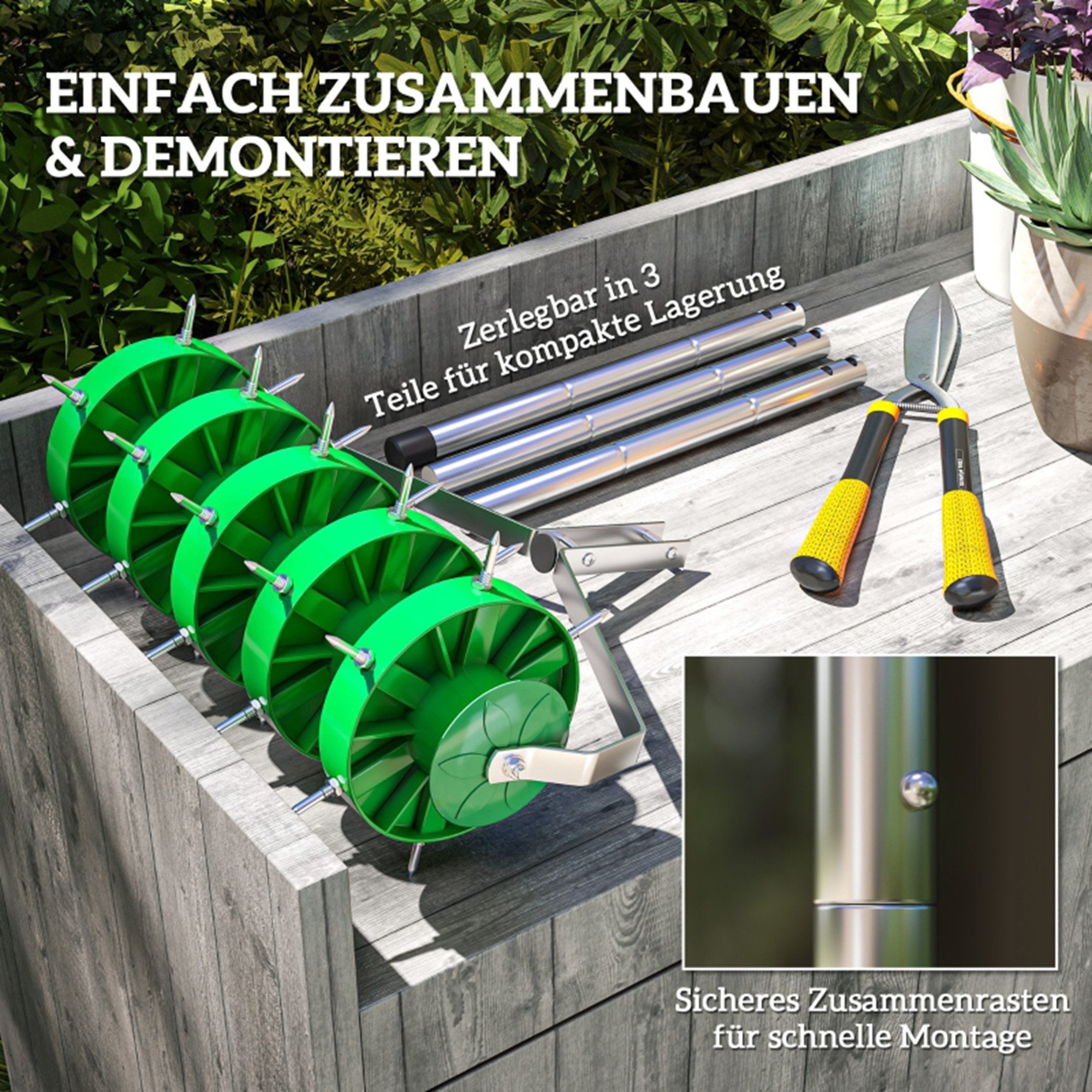 MC Star Gartenpflege-Set Rasenlüfter Aerifizierer für Rasen 45cm Breite Manuell Rasenbelüfter, mit 30 Eisenspikes Gartengeräten Bodenschiene Stopfenkern