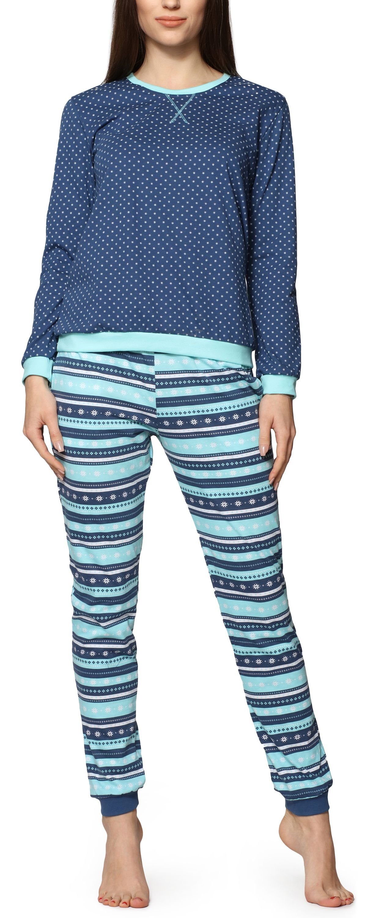 Cornette Schlafanzug Damen Schlafanzug Zweiteiler Pyjama Langarm mit Rundhals Baumwolle 634 Jeans/Türkis