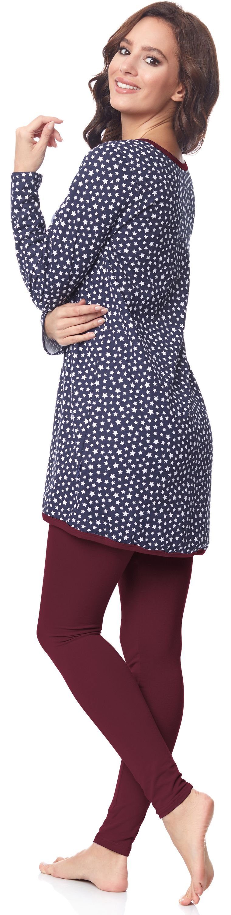 Damen Mammy BE20-178 mit Stillfunktion Pyjama Langarm Marineblau-Sterne-Weinrot Be Umstandspyjama