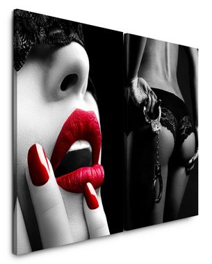 Sinus Art Leinwandbild 2 Bilder je 60x90cm Erotisch Akt Rote Lippen Roter Nagellack Handschellen Augenbinde Fetisch