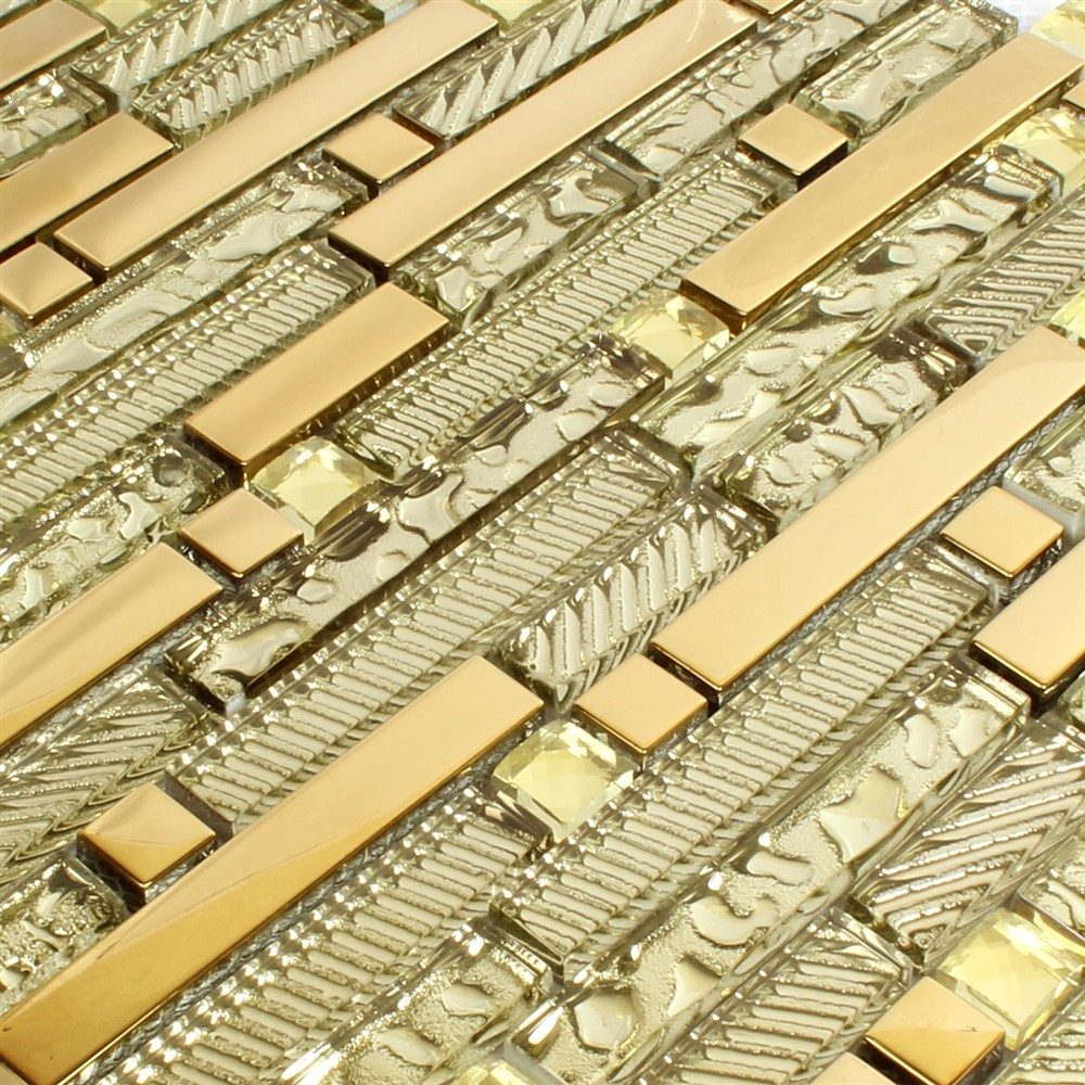Mosafil Mosaikfliesen Glasmosaik Fliesen Strukturmix Gold 15x62x8mm, Glas 33.800x29.800, gold, Verlegefertig auf ein Netz geklebt