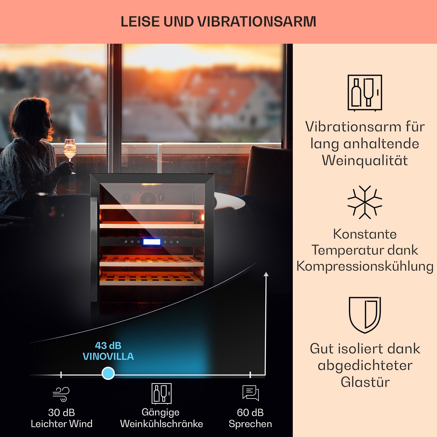 Klarstein Weinkühlschrank Vinovilla 43, für 43 Standardflaschen á 0,75l,Wein Flaschenkühlschrank Weintemperierschrank Weinschrank Kühlschrank