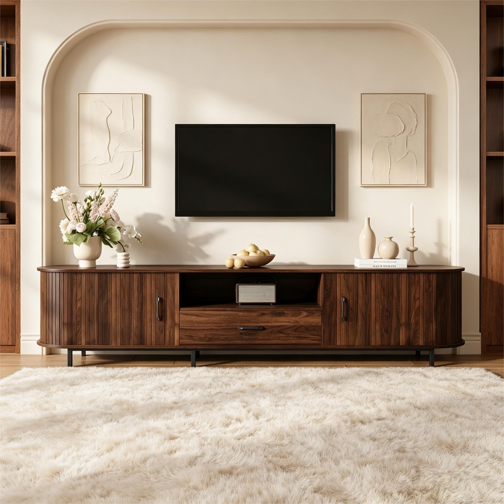 Merax Lowboard mit 2 Schiebetüren, 1 Schublade und offenen Fächern (TV-Board Walnuss Fernsehtisch, 1 St), TV-Schrank mit Retro Rillenoptik, 180x40x45cm