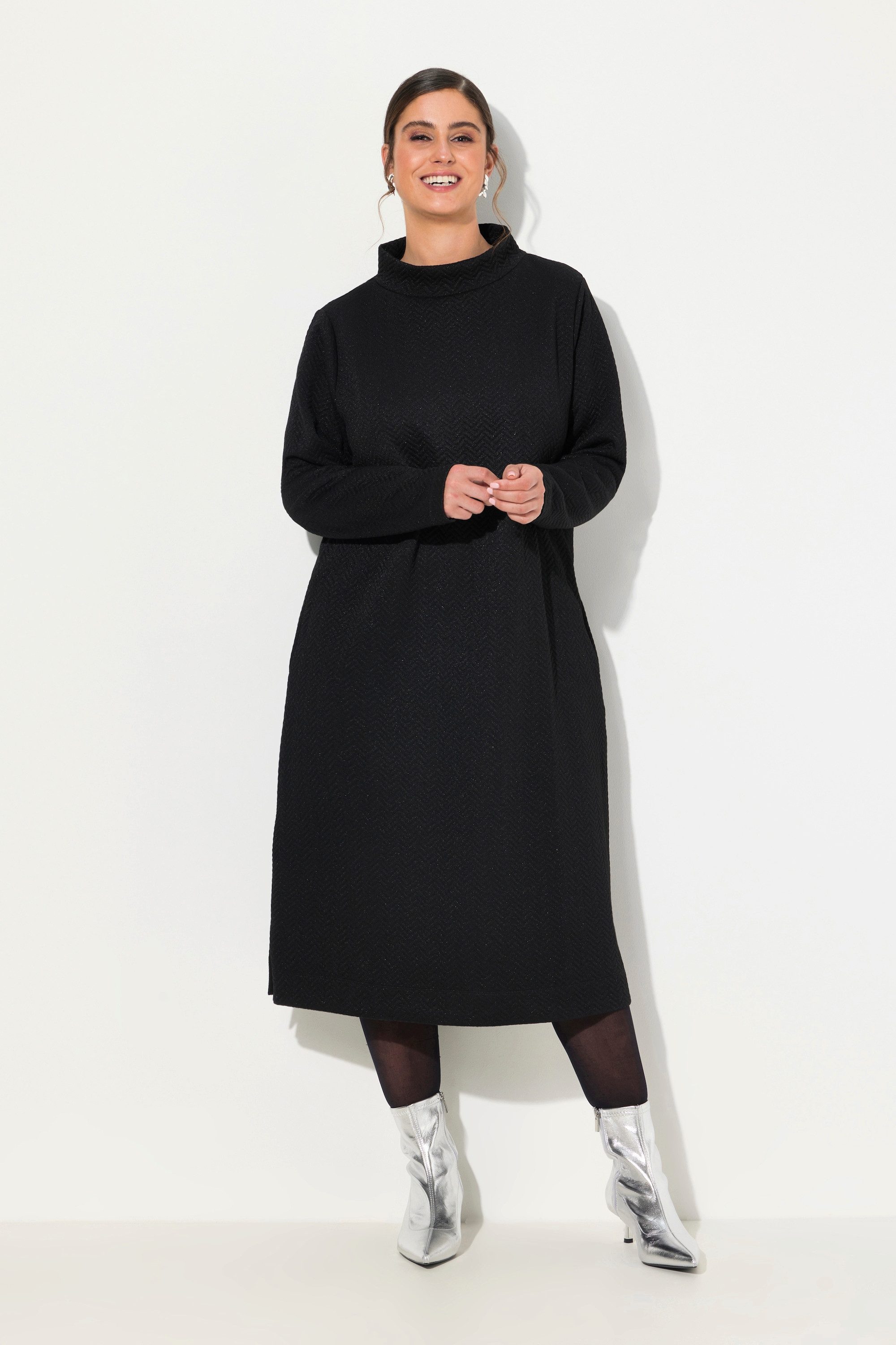 Midikleid Sweatkleid Metallic-Effekt Stehkragen Langarm