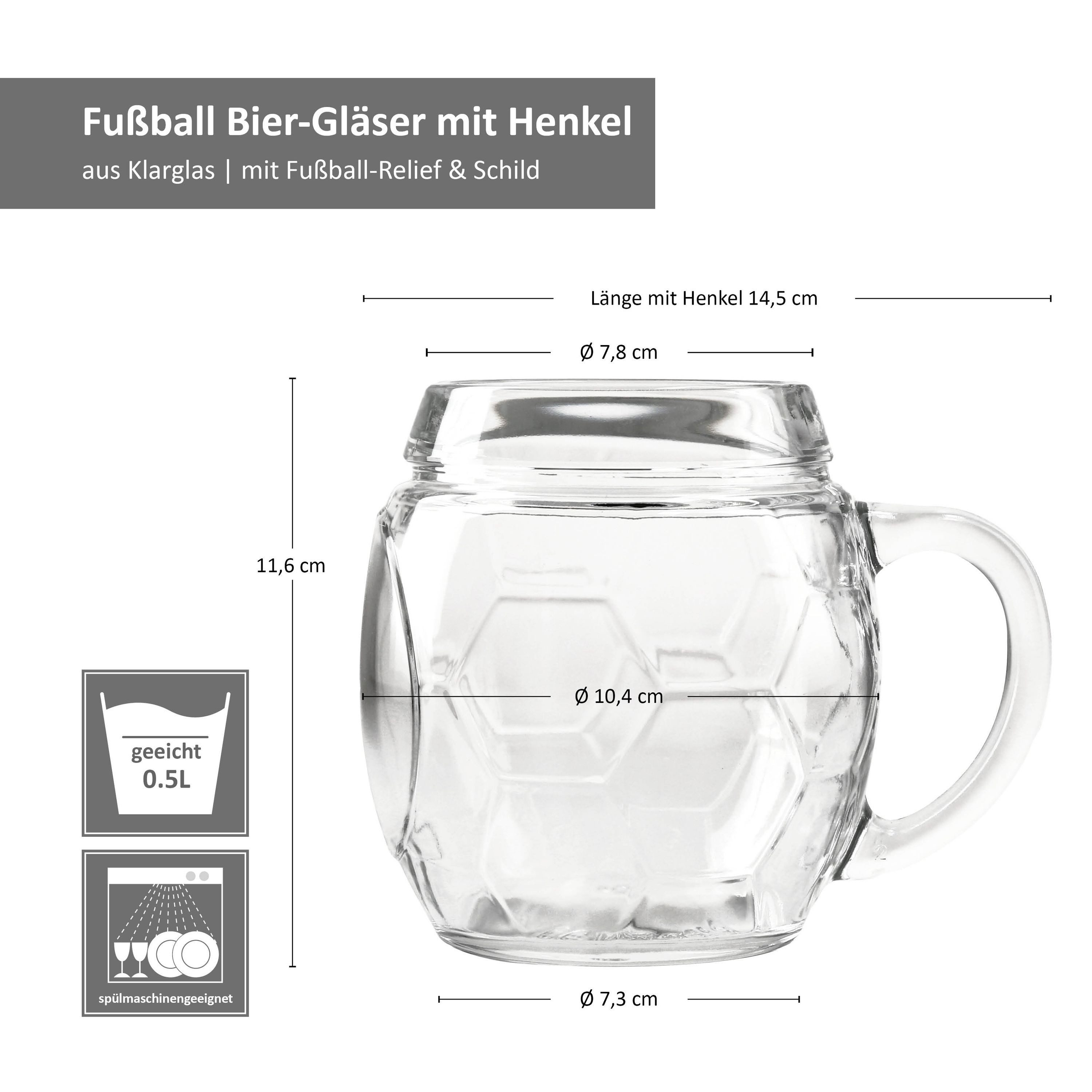 MamboCat Bierglas 12x Fußball Biergläser 0,5L geeicht Ball-Relief 12 Pers. Bierkrüge, Glas