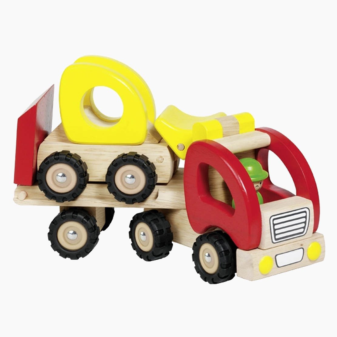 goki Spielzeug-Baumaschine Tieflader mit Radlader, (packung, 2-tlg., spar set), aus Massivholz mit echter Gummibereifung für ein leises Abrollen.