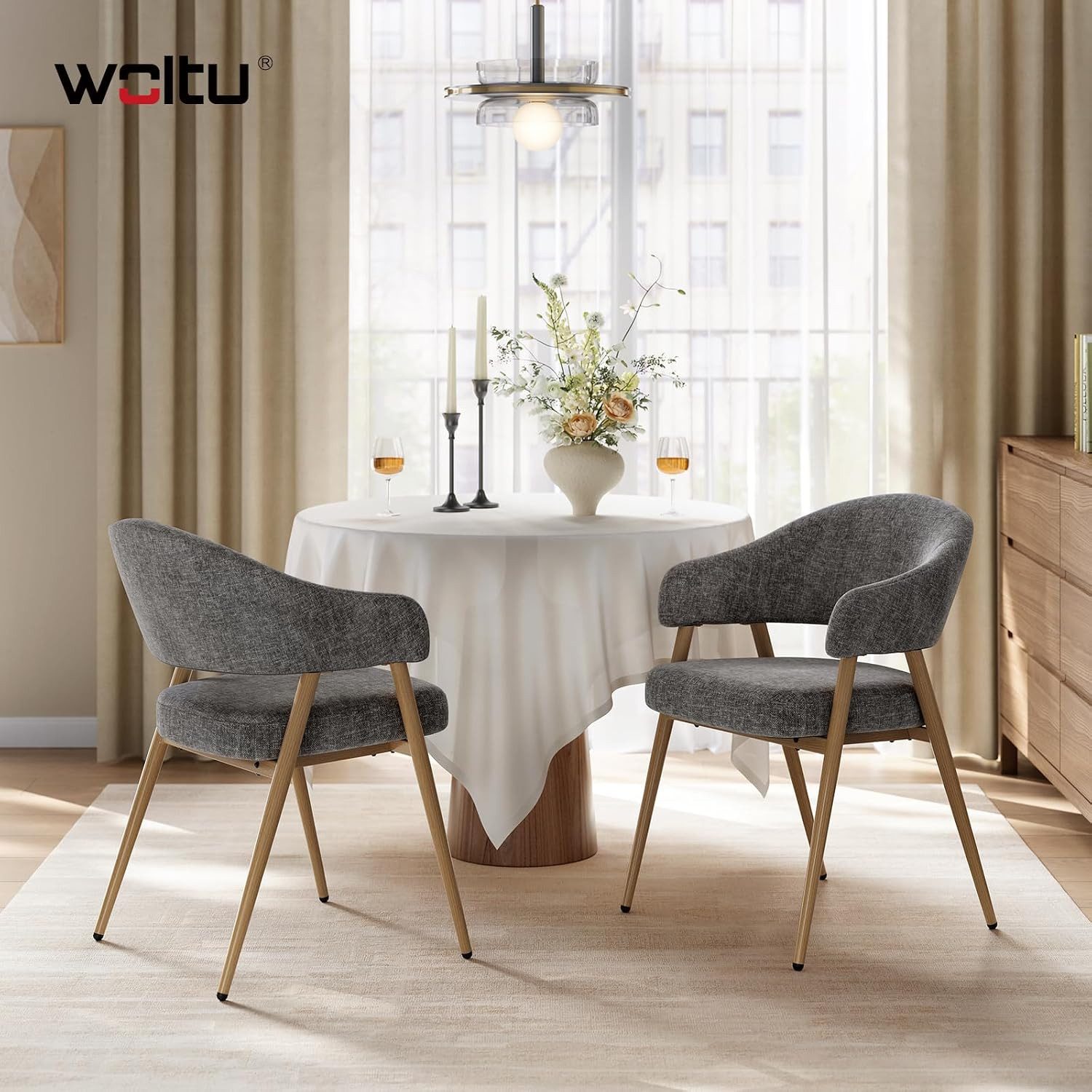 Woltu Polsterstuhl (2 St), Esszimmerstuhl Chenille Gebogenen Armlehnen Metallbeine in Holzoptik