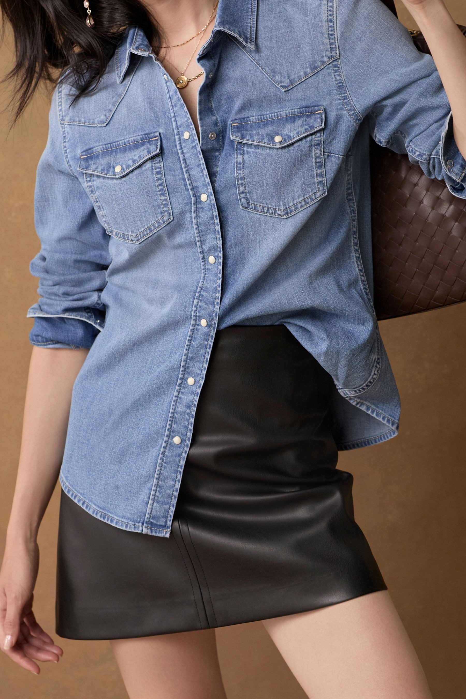 Next Jeanshemd Enge Jeansbluse im Westernstil 100 % Baumwolle (1-tlg)