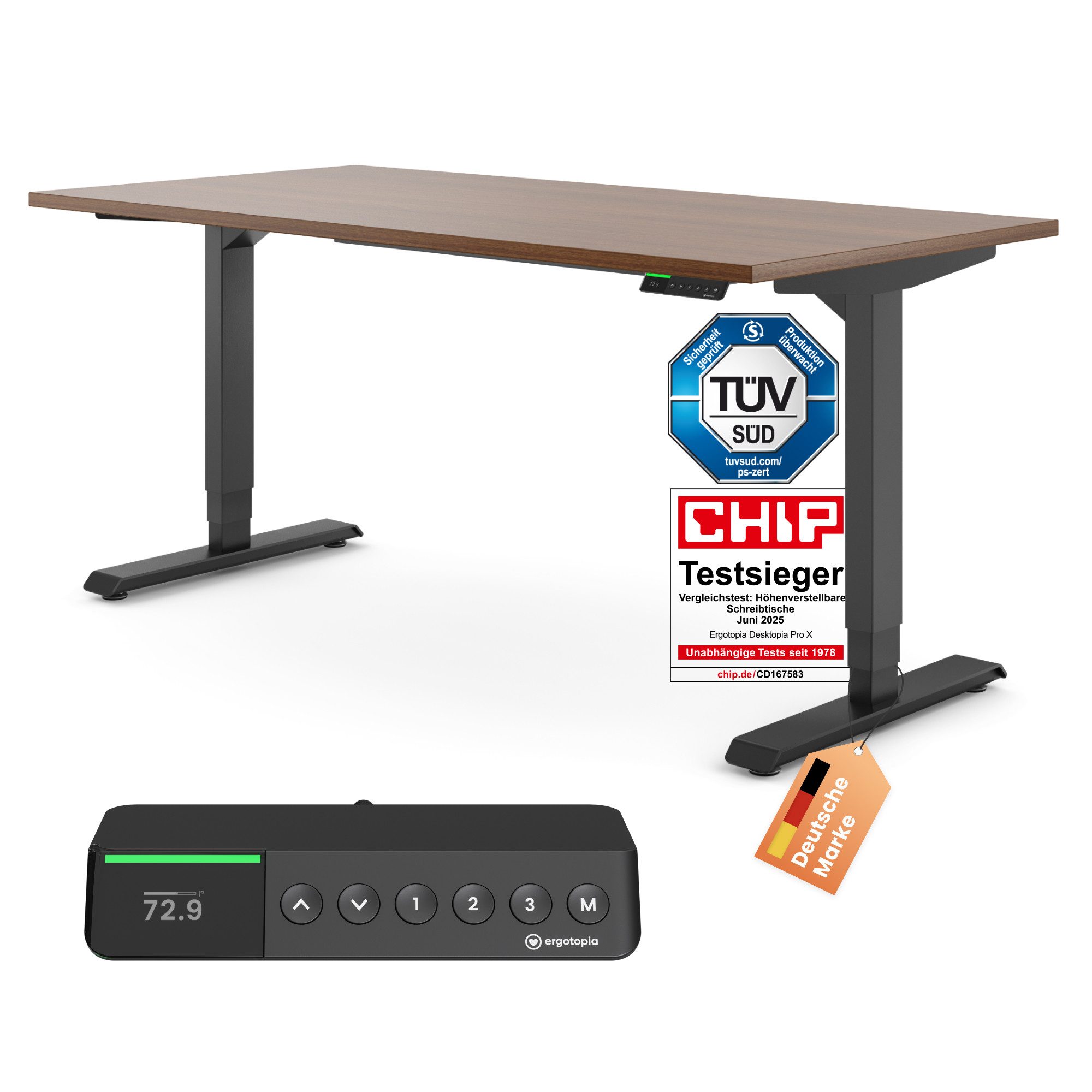 Ergotopia Schreibtisch Desktopia Pro X elektrisch höhenverstellbarer Schreibtisch, elektrisch verstellbarer Bürotisch inkl. edlem OLED-Display