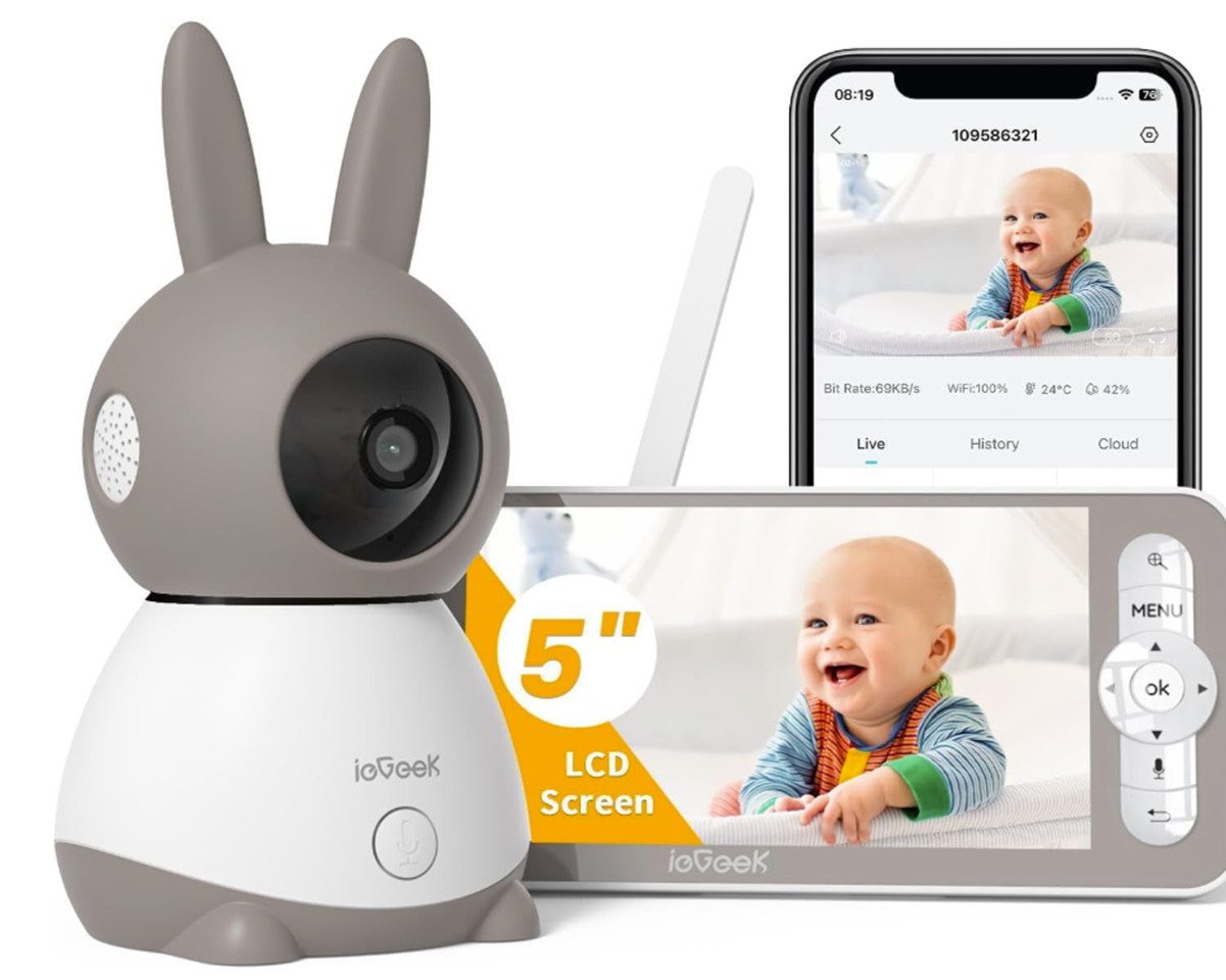 TSE Babyphone ieGeek 2K Babyphone mit 5 Zoll Monitor App PTZ Nachtsicht Audio