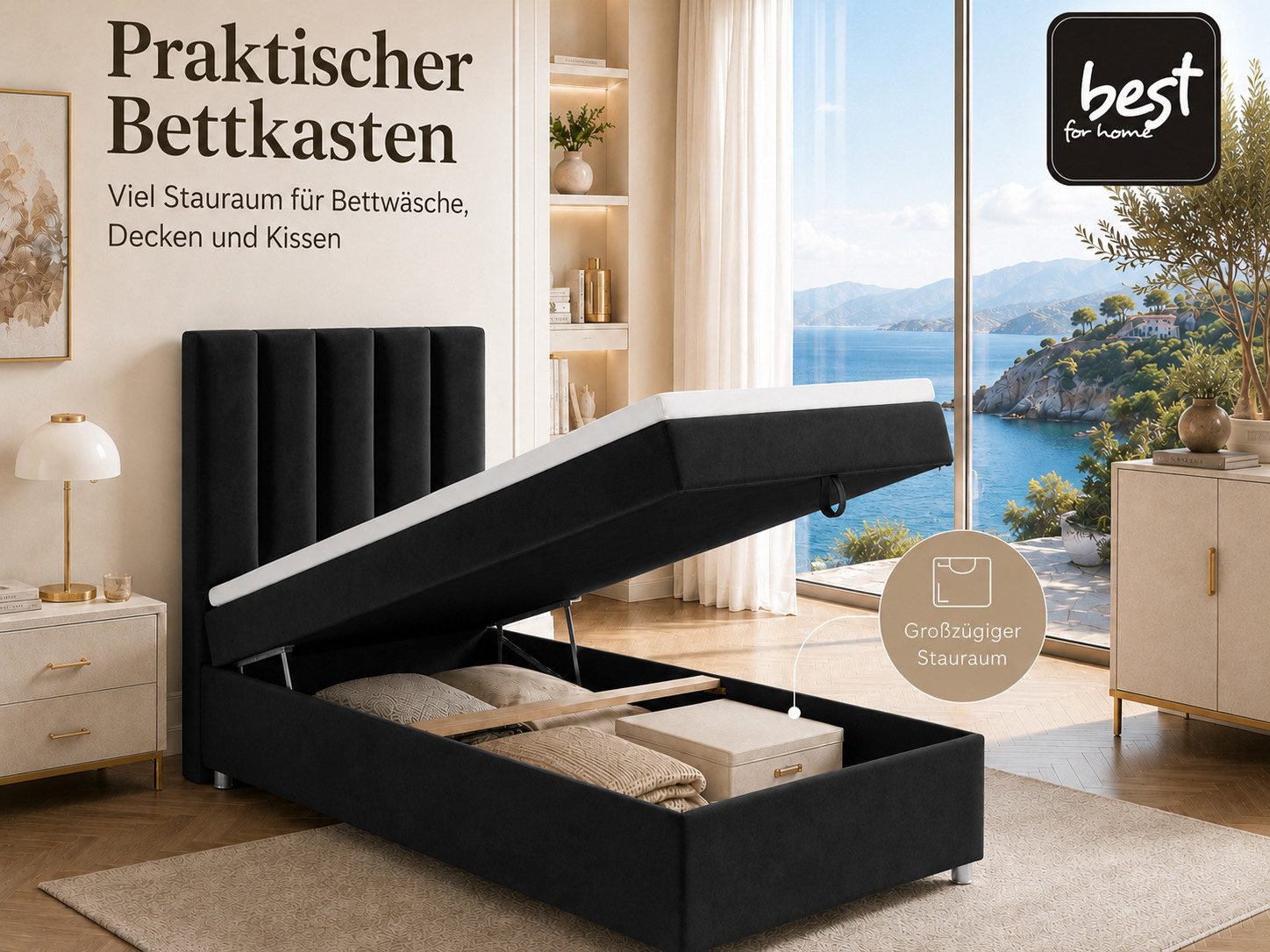 Best for Home Boxspringbett Trinity K10 SINGLE mit Bettkasten & Bonellfederkern, Komfort Topper H3 (Einzelbett, Polsterbett gepolstertes Kopfteil, Jugendbett, Kinderbett versch. Größen, 1-St., 70x200 80x200 90x200 100x200 cm), Stauraum unter dem Bett; Ergonomischer Schlafkomfort; Massivholzrahmen