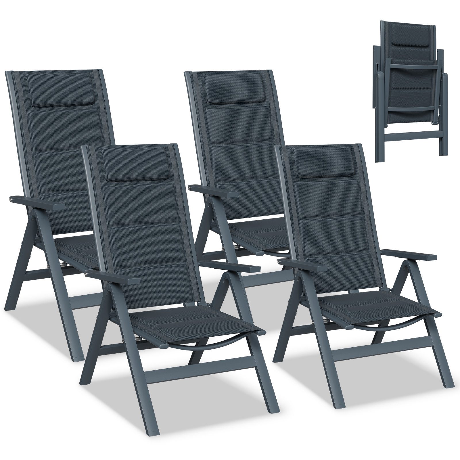 Furnicopia Gartenstuhl Gartenstühle Faltbarer Liegesessel Hochlehner Alu 7-fach verstellbar (Set, 4 St), Bis 120 kg, Stabile Gartenstühle mit Rückenlehne & Armlehnen